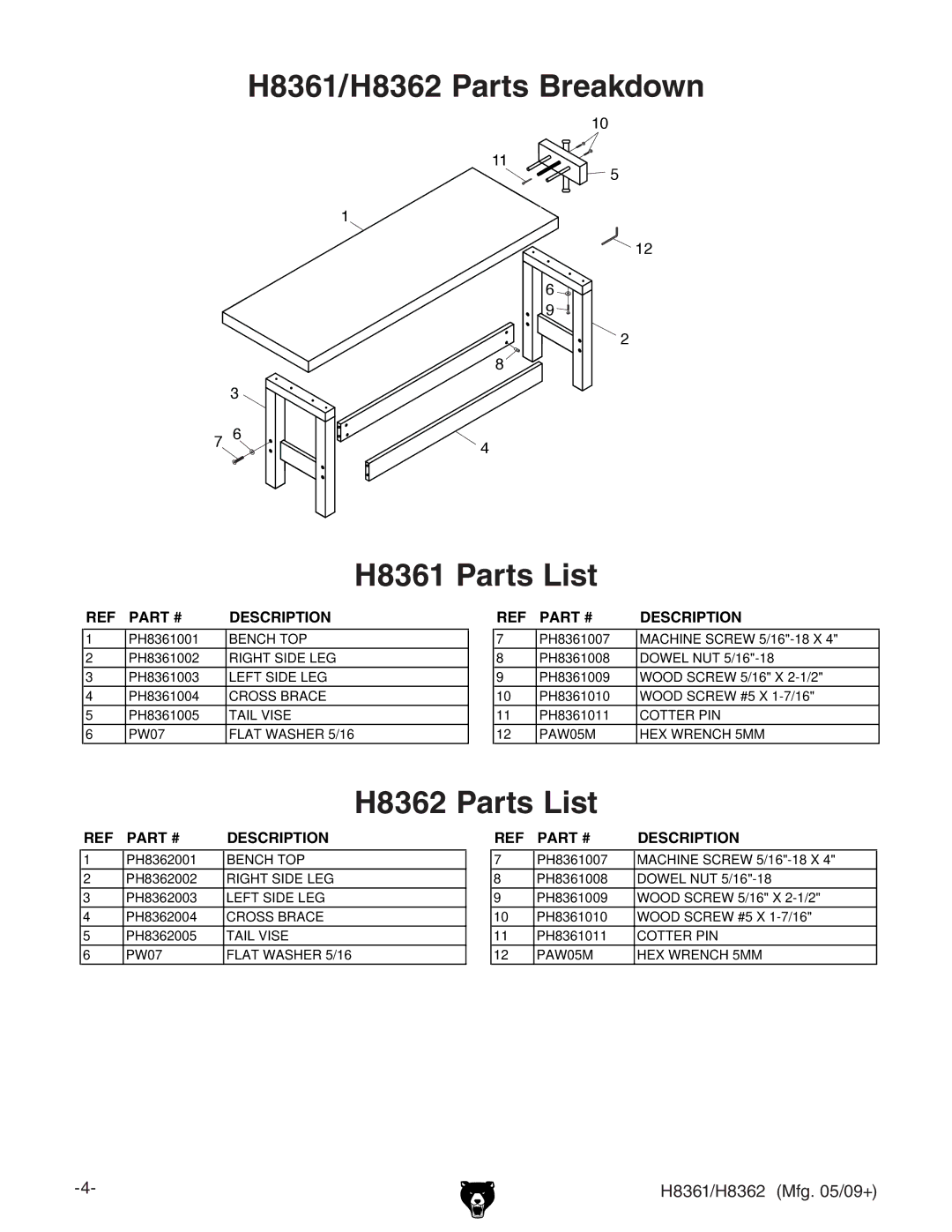 Grizzly specifications H8361/H8362 Parts Breakdown H8361 Parts List 