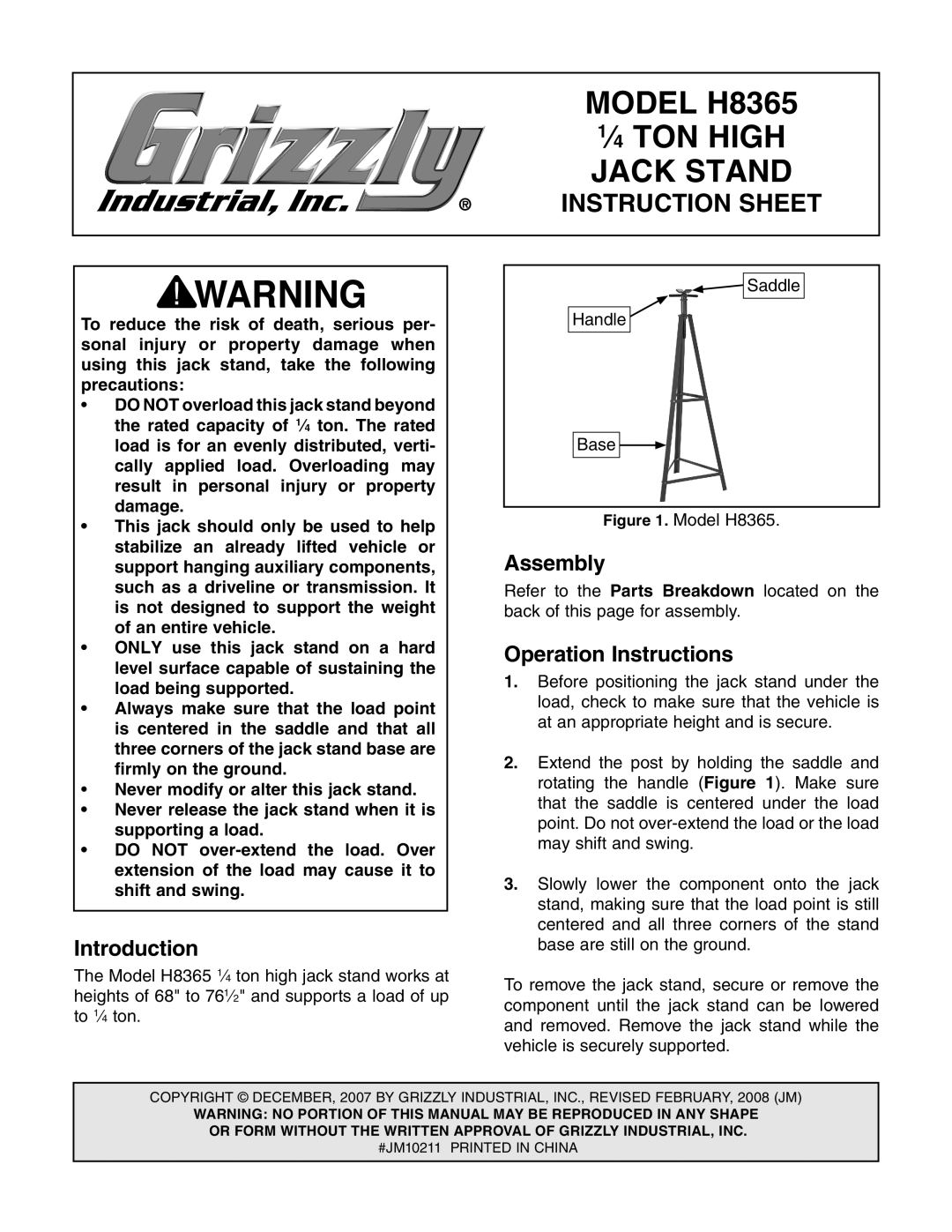 Grizzly instruction sheet ⁄4 TON High, Model H8365, Jack Stand, Instruction Sheet 