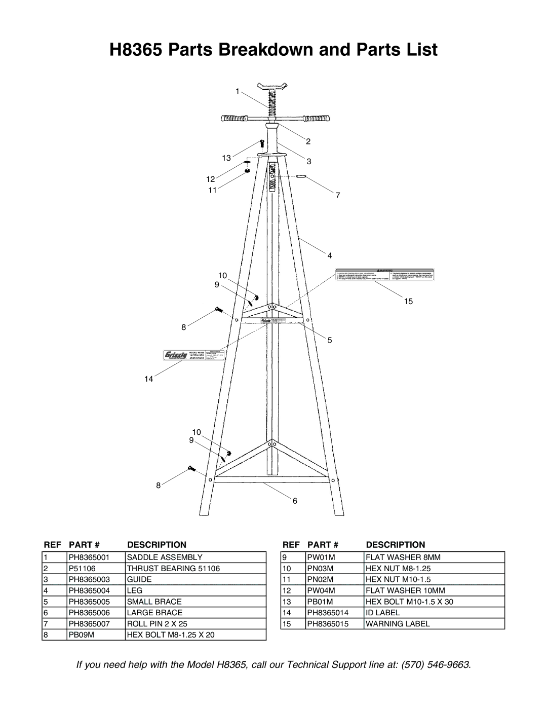 Grizzly instruction sheet H8365 Parts Breakdown and Parts List, Description 