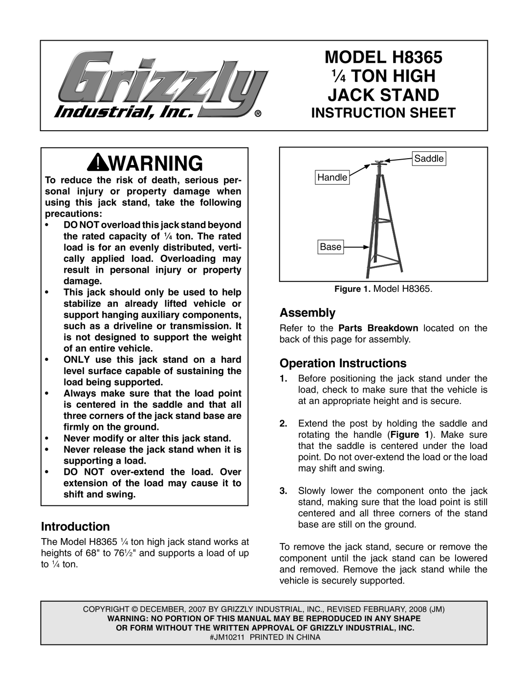 Grizzly instruction sheet 1⁄4 TON HIGH, MODEL H8365, Jack Stand, Instruction Sheet, Introduction, Assembly 