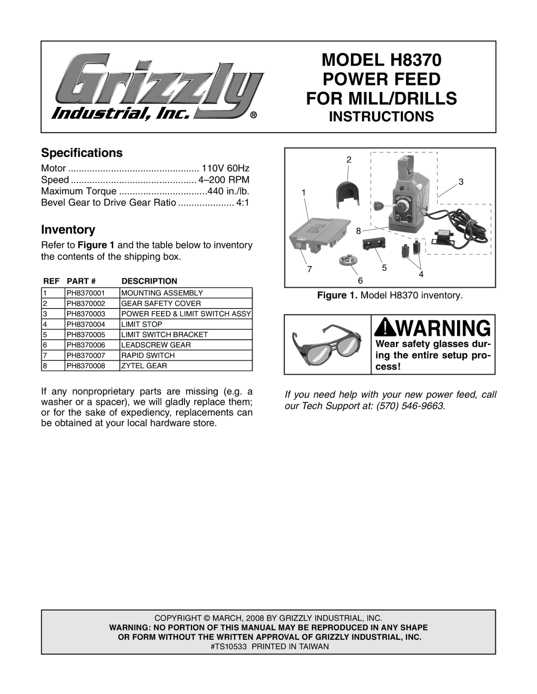 Grizzly H8370 specifications Specifications, Inventory, Wear safety glasses dur, Ing the entire setup pro, Cess 