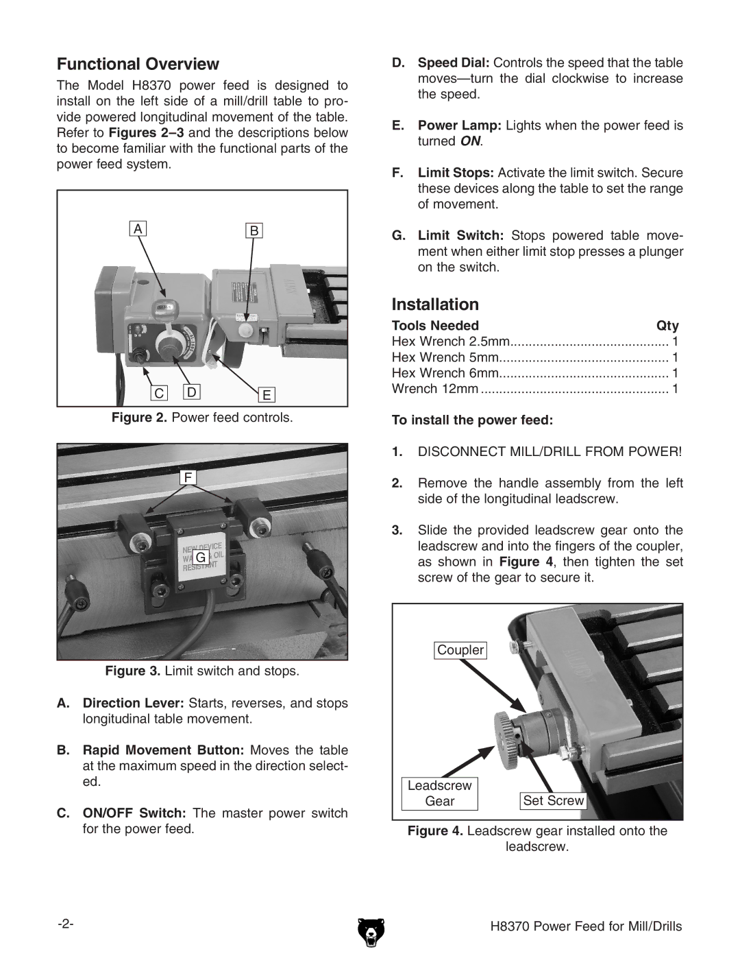 Grizzly H8370 specifications Functional Overview, Installation, Tools Needed Qty, To install the power feed 