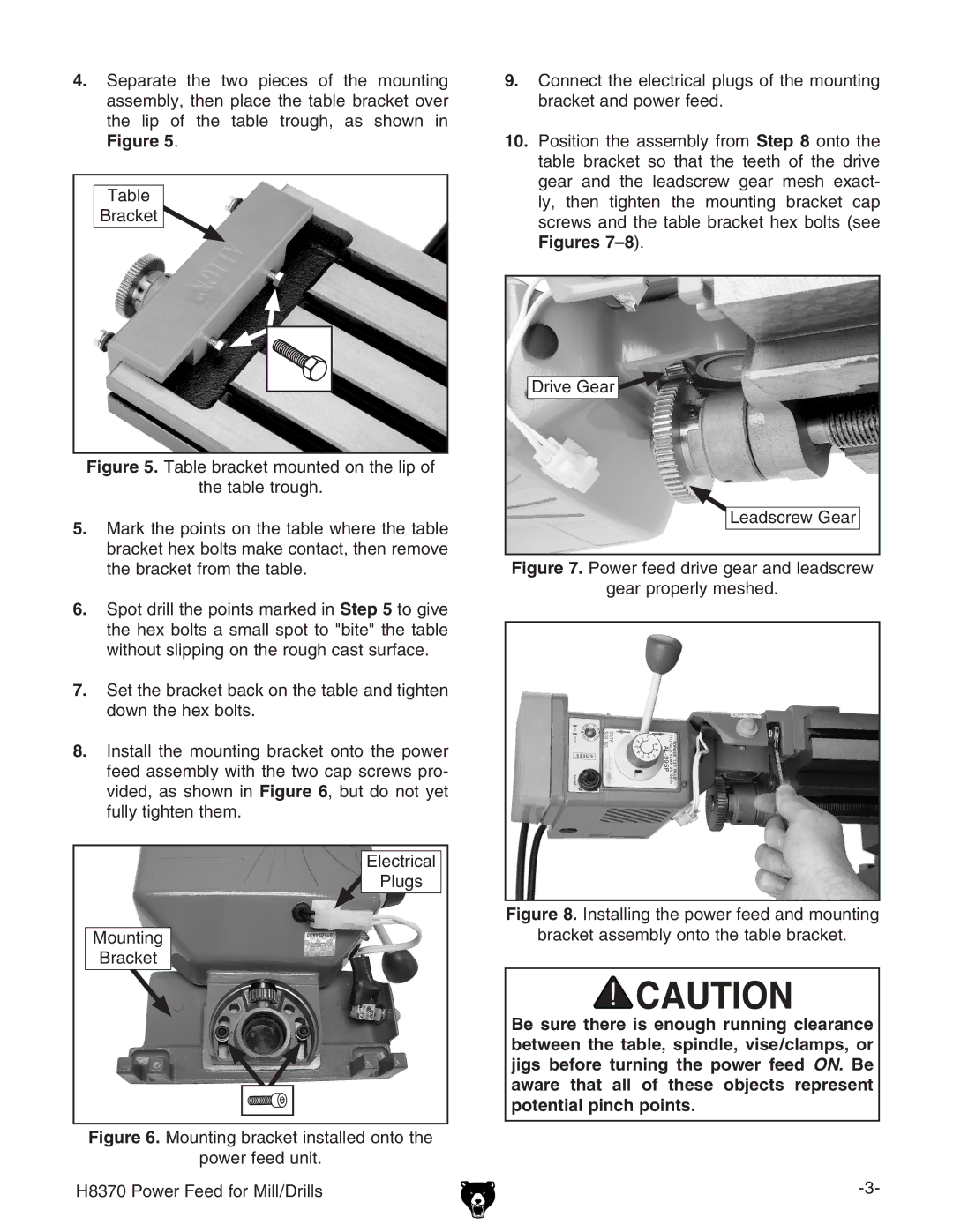 Grizzly H8370 specifications Power feed drive gear and leadscrew Gear properly meshed 