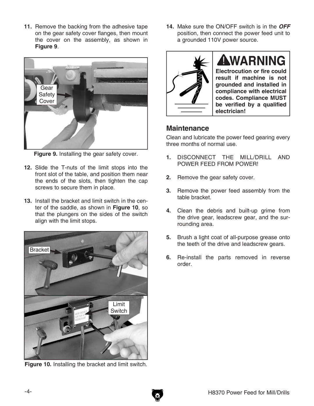 Grizzly H8370 specifications Maintenance, Disconnect the MILL/DRILL and Power Feed from Power 