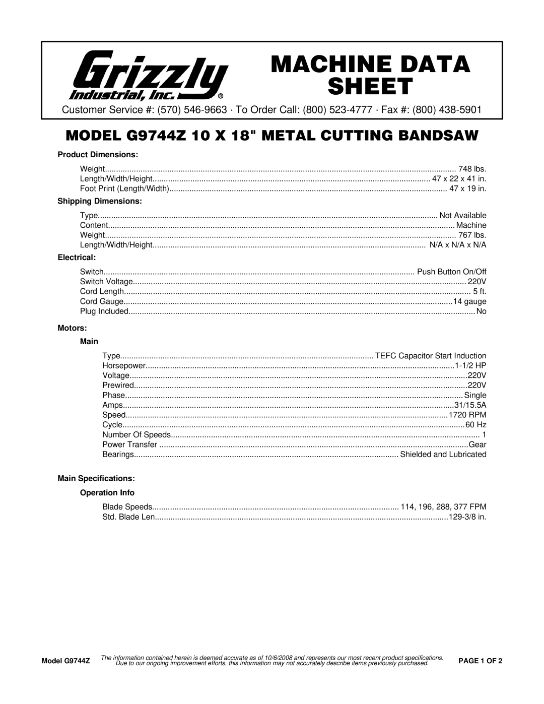 Grizzly M-477 specifications Product Dimensions, Shipping Dimensions, Electrical, Motors Main 