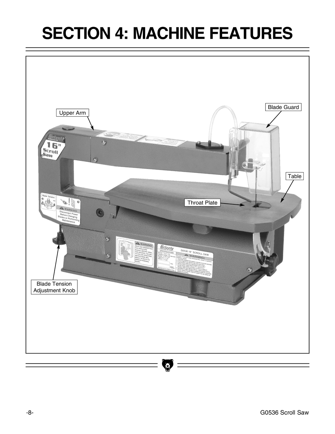 Grizzly Model G0536 instruction manual Machine Features 