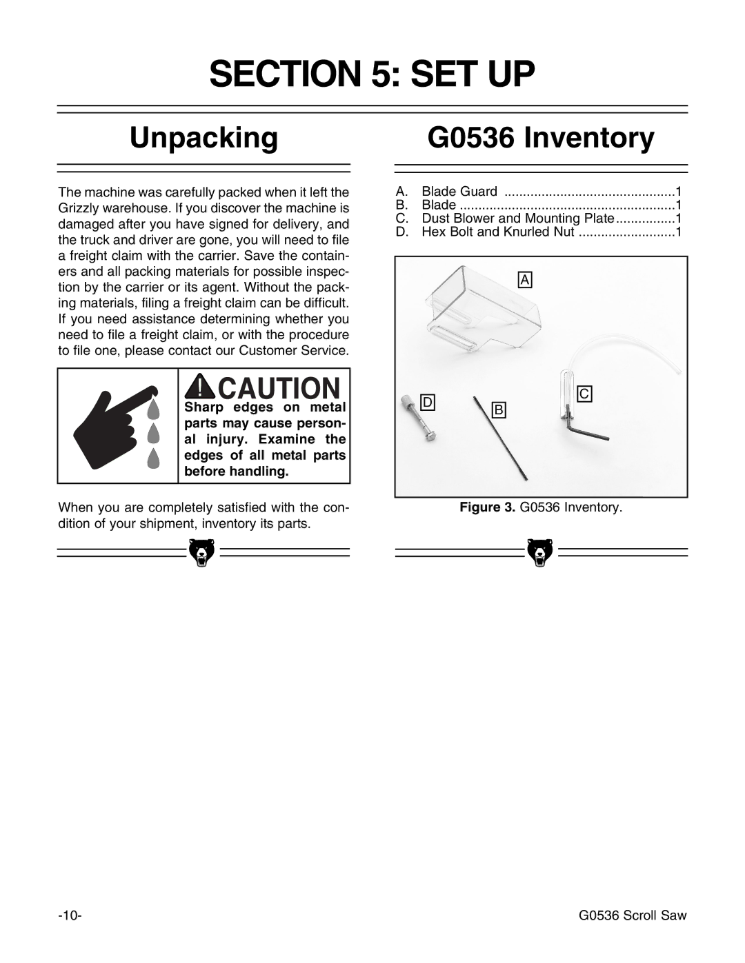 Grizzly Model G0536 instruction manual Set Up, Unpacking, G0536 Inventory 