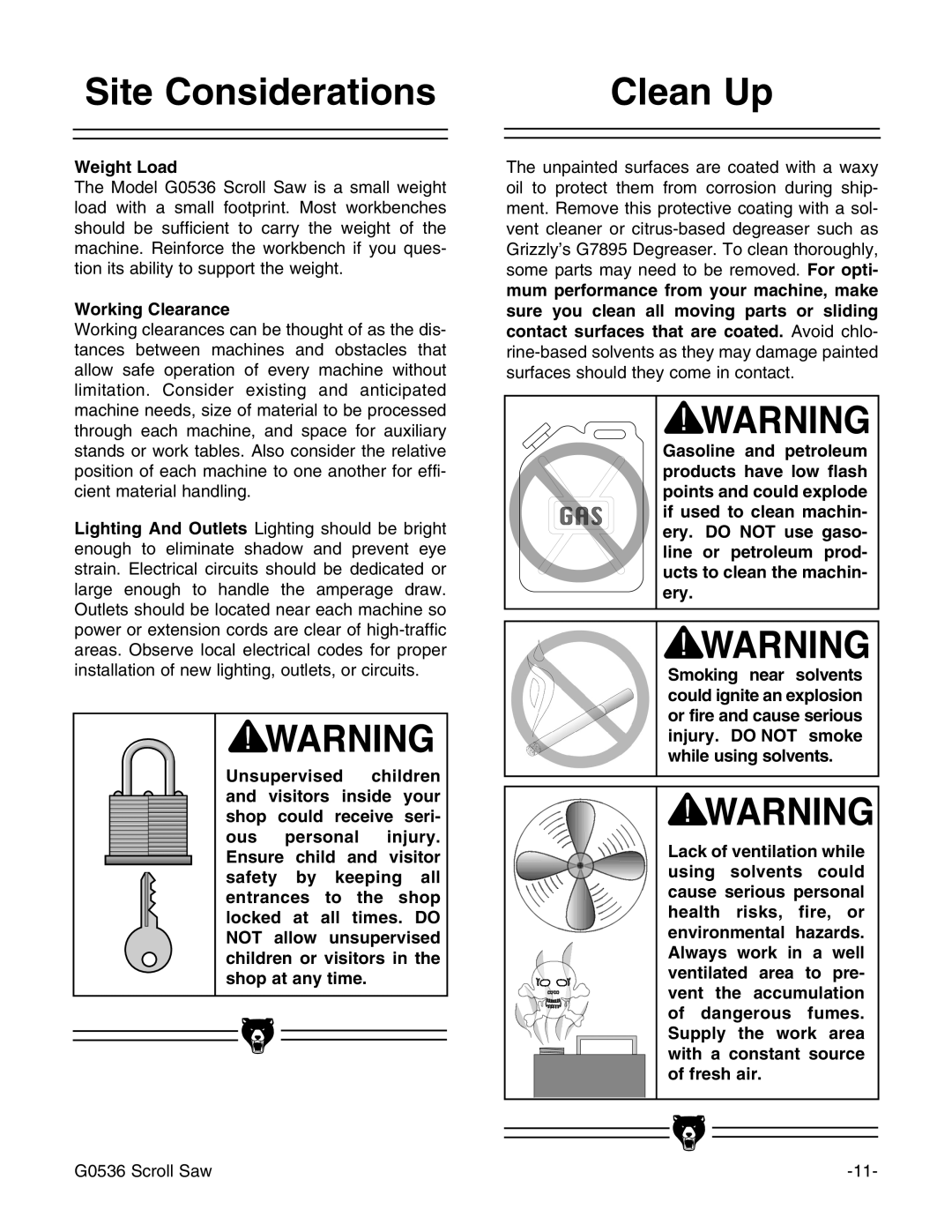 Grizzly Model G0536 instruction manual Site Considerations, Clean Up, Weight Load, Working Clearance 