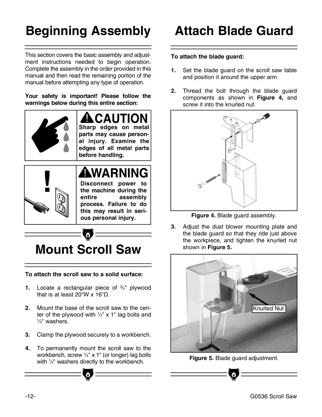 Grizzly Model G0536 Beginning Assembly, Mount Scroll Saw, Attach Blade Guard, To attach the scroll saw to a solid surface 