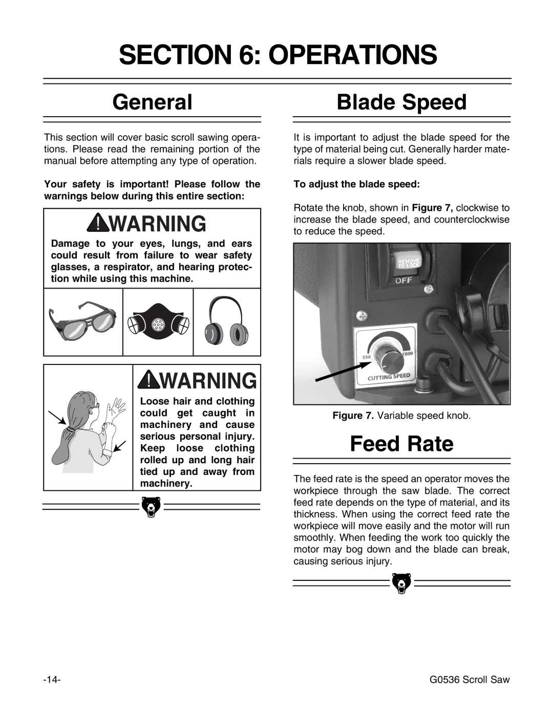 Grizzly Model G0536 instruction manual Operations, General, Blade Speed, Feed Rate, To adjust the blade speed 