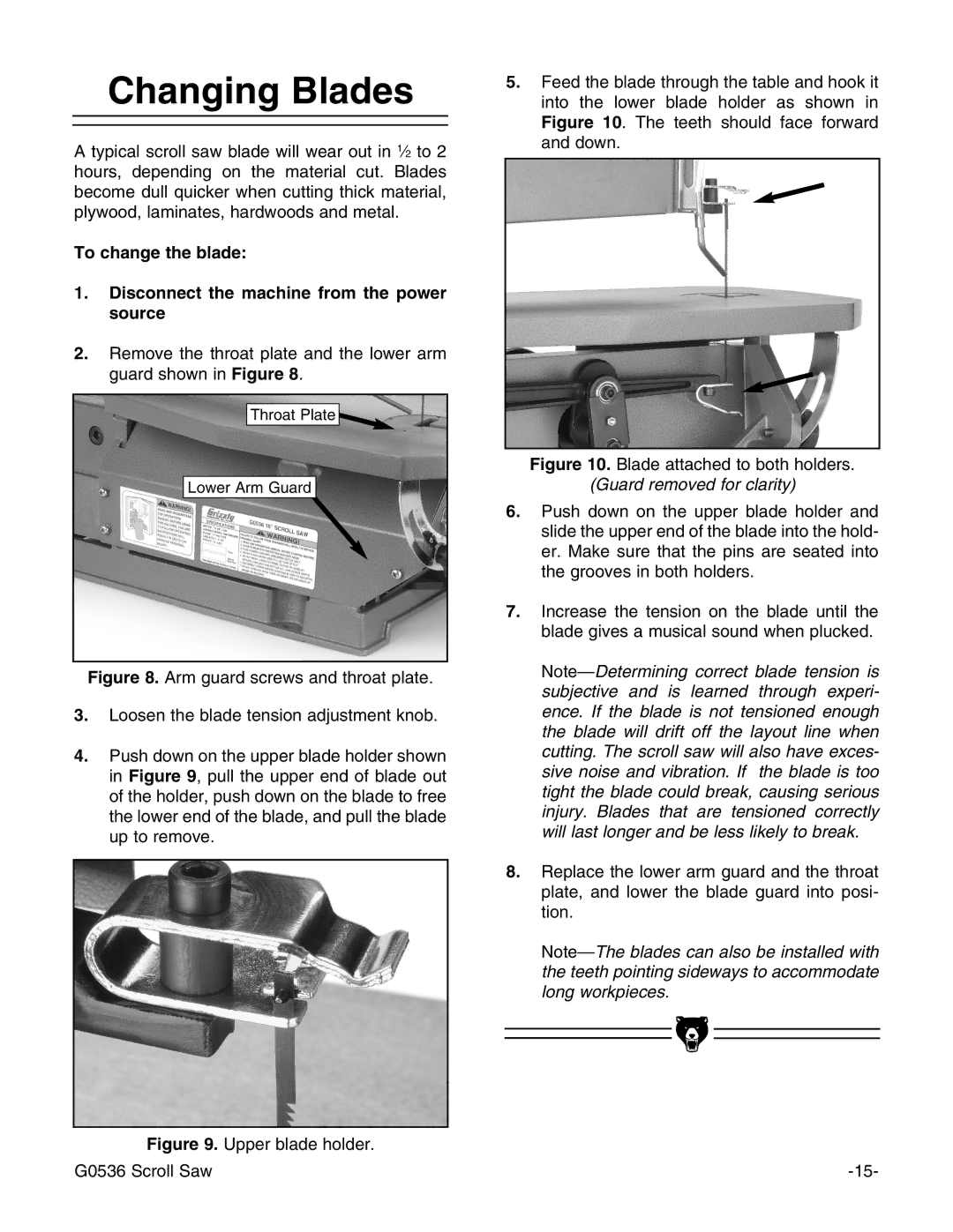 Grizzly Model G0536 instruction manual Changing Blades, Upper blade holder G0536 Scroll Saw 