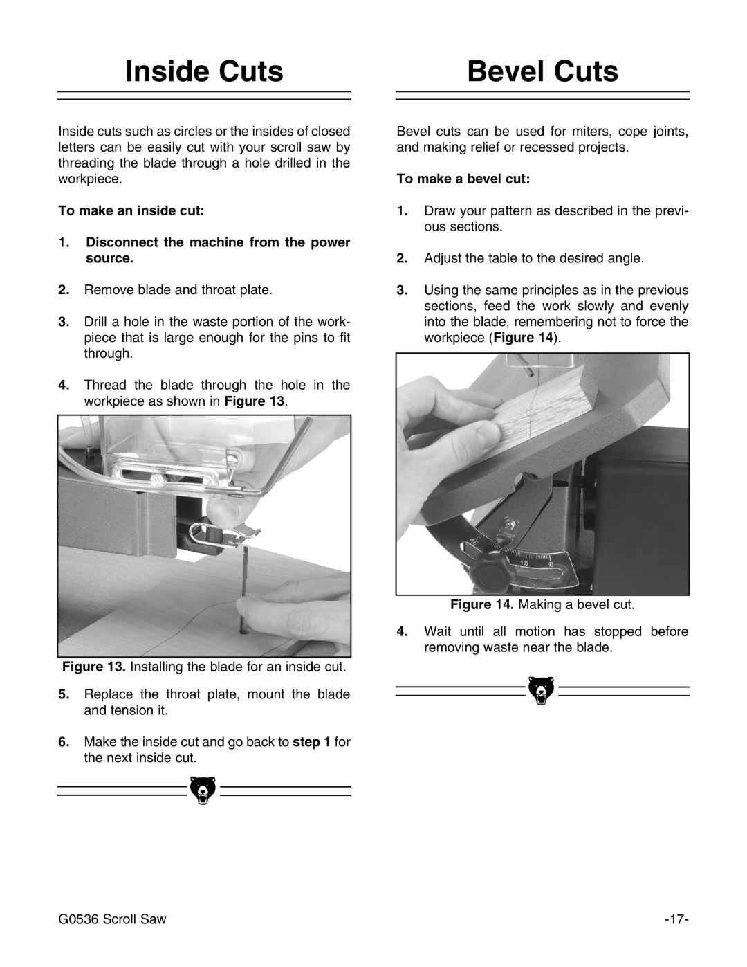 Grizzly Model G0536 instruction manual Inside Cuts, Bevel Cuts, To make a bevel cut 