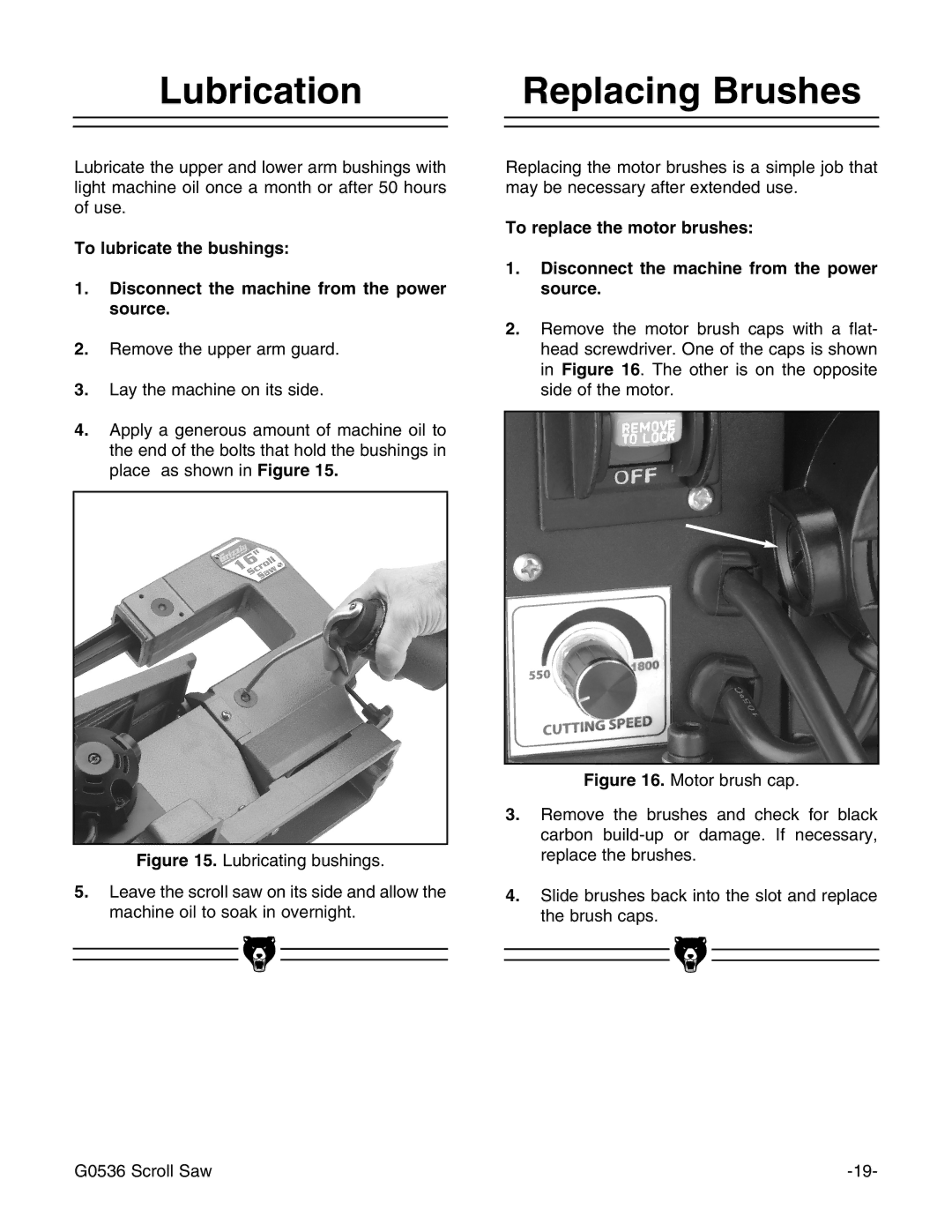 Grizzly Model G0536 instruction manual Lubrication, Replacing Brushes 