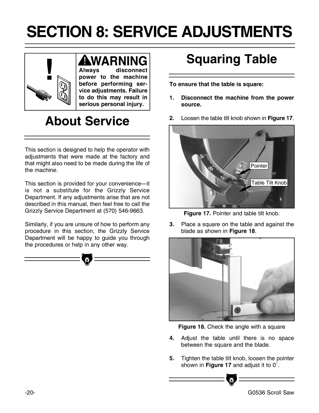 Grizzly Model G0536 Service Adjustments, About Service, Squaring Table, To do this may result, Serious personal injury 