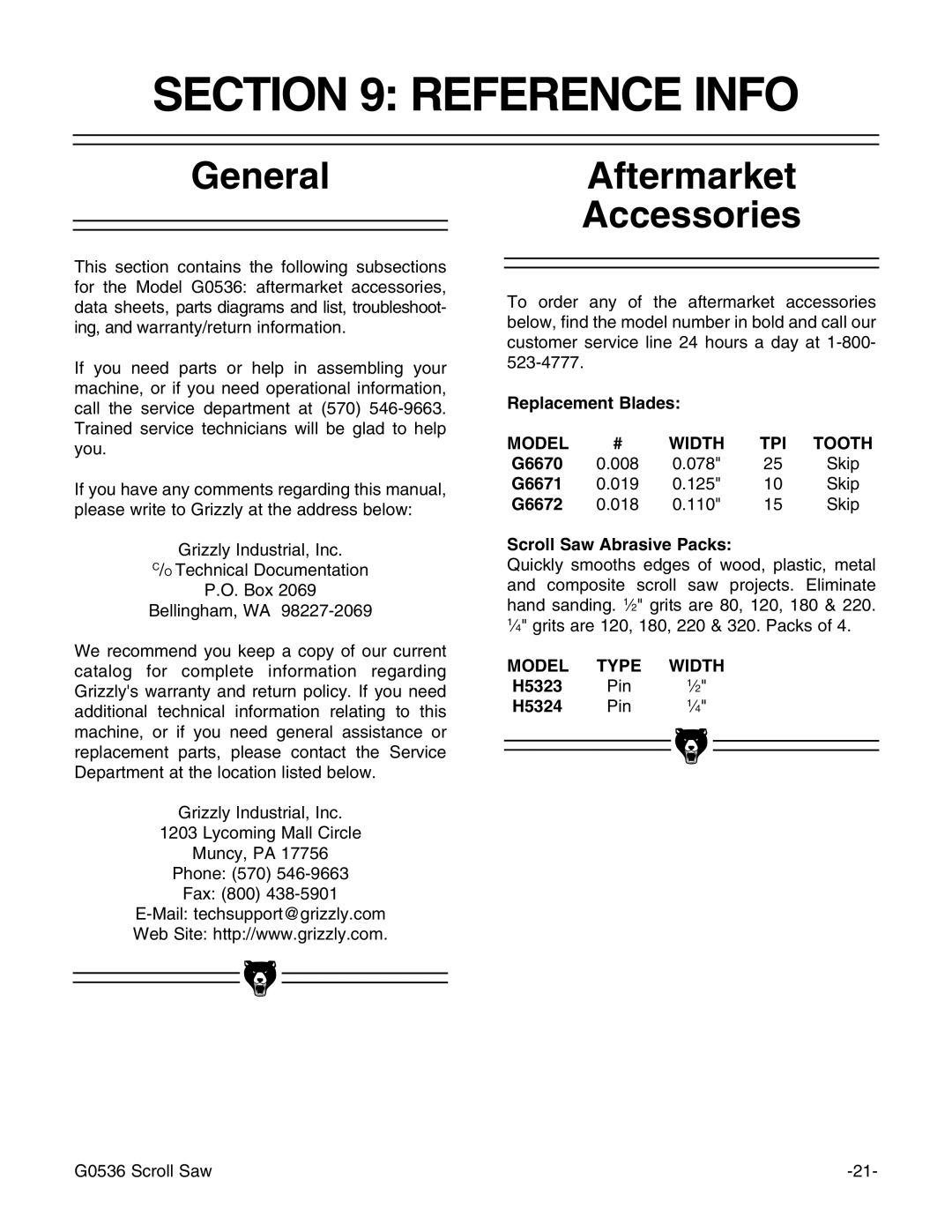 Grizzly Model G0536 instruction manual Reference Info, Aftermarket Accessories 