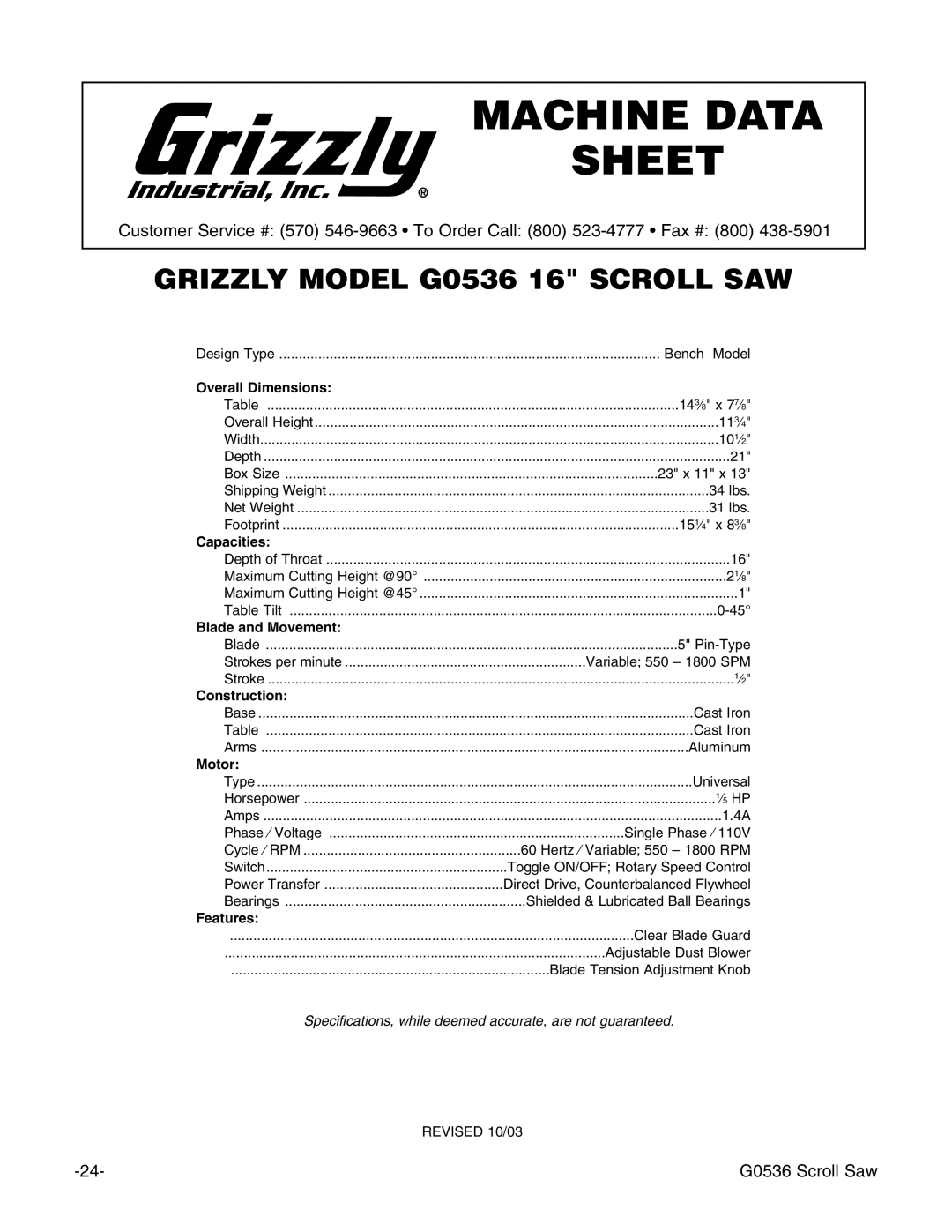 Grizzly Model G0536 instruction manual Machine Data Sheet 