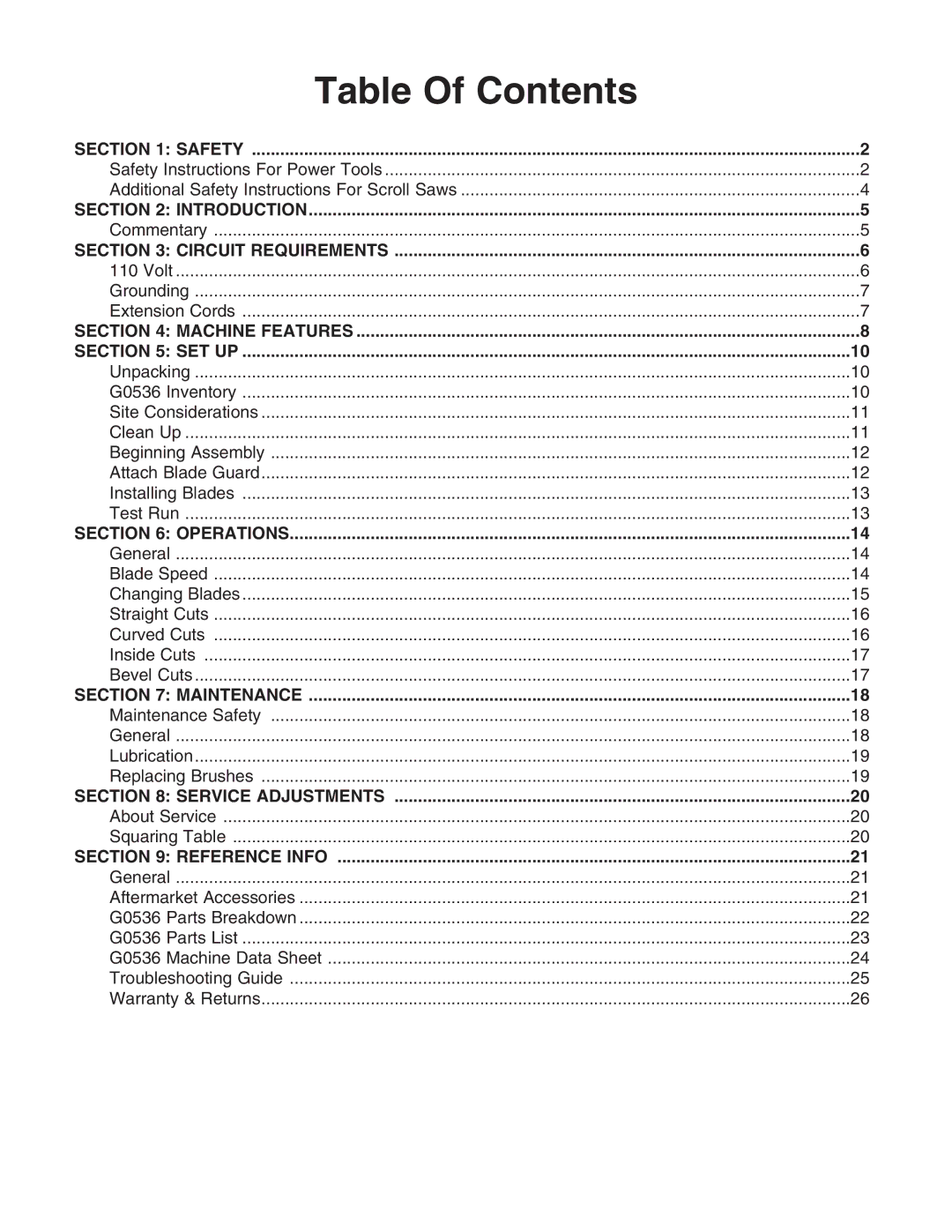 Grizzly Model G0536 instruction manual Table Of Contents 