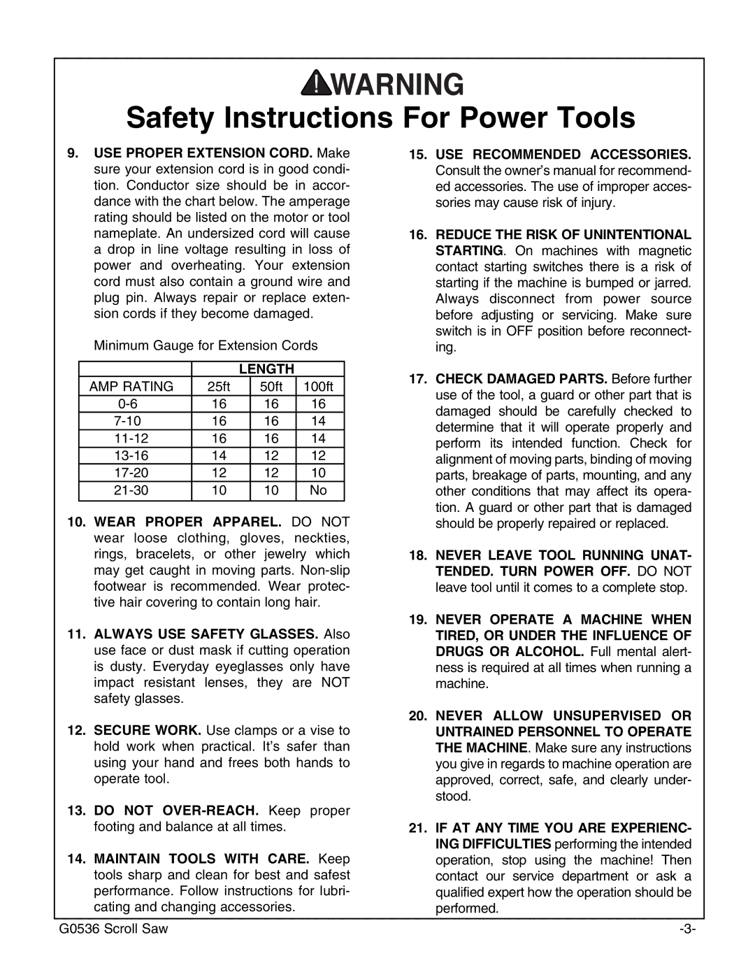 Grizzly Model G0536 USE Proper Extension CORD. Make, Always USE Safety GLASSES. Also, Drugs or ALCOHOL. Full mental alert 