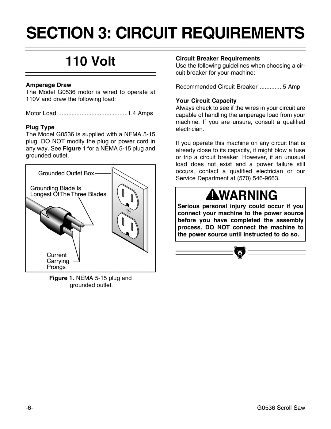 Grizzly Model G0536 instruction manual Circuit Requirements, Volt 