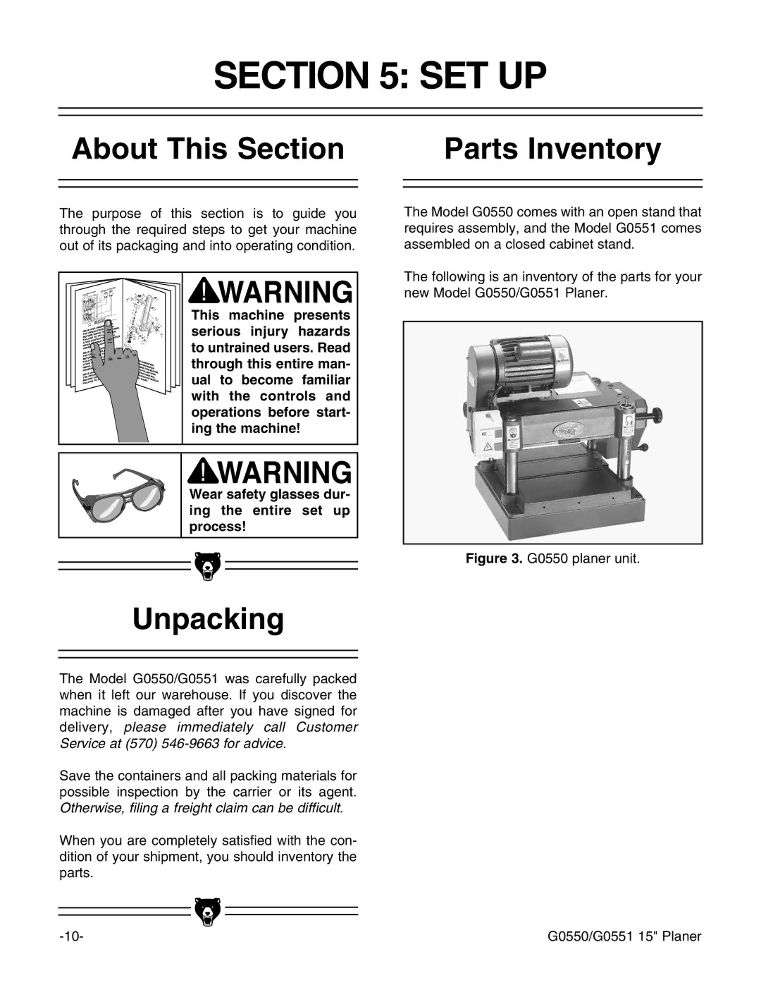 Grizzly Model G0550 instruction manual Set Up, About This Section Parts Inventory, Unpacking 