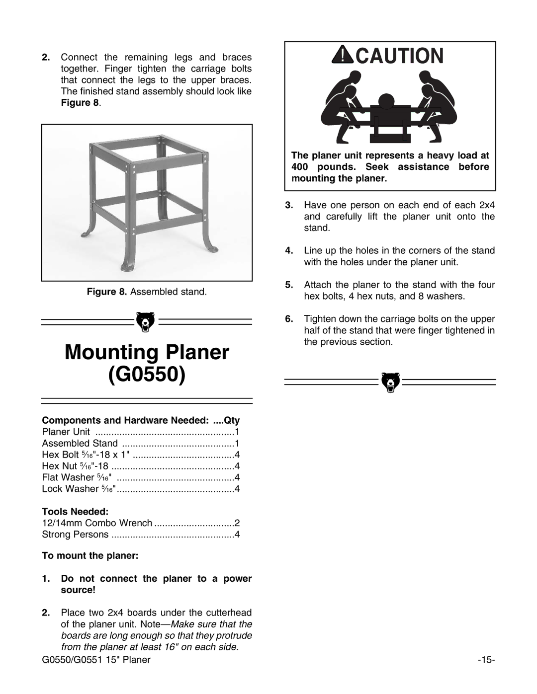 Grizzly Model G0550 instruction manual Mounting Planer G0550, Components and Hardware Needed Qty 