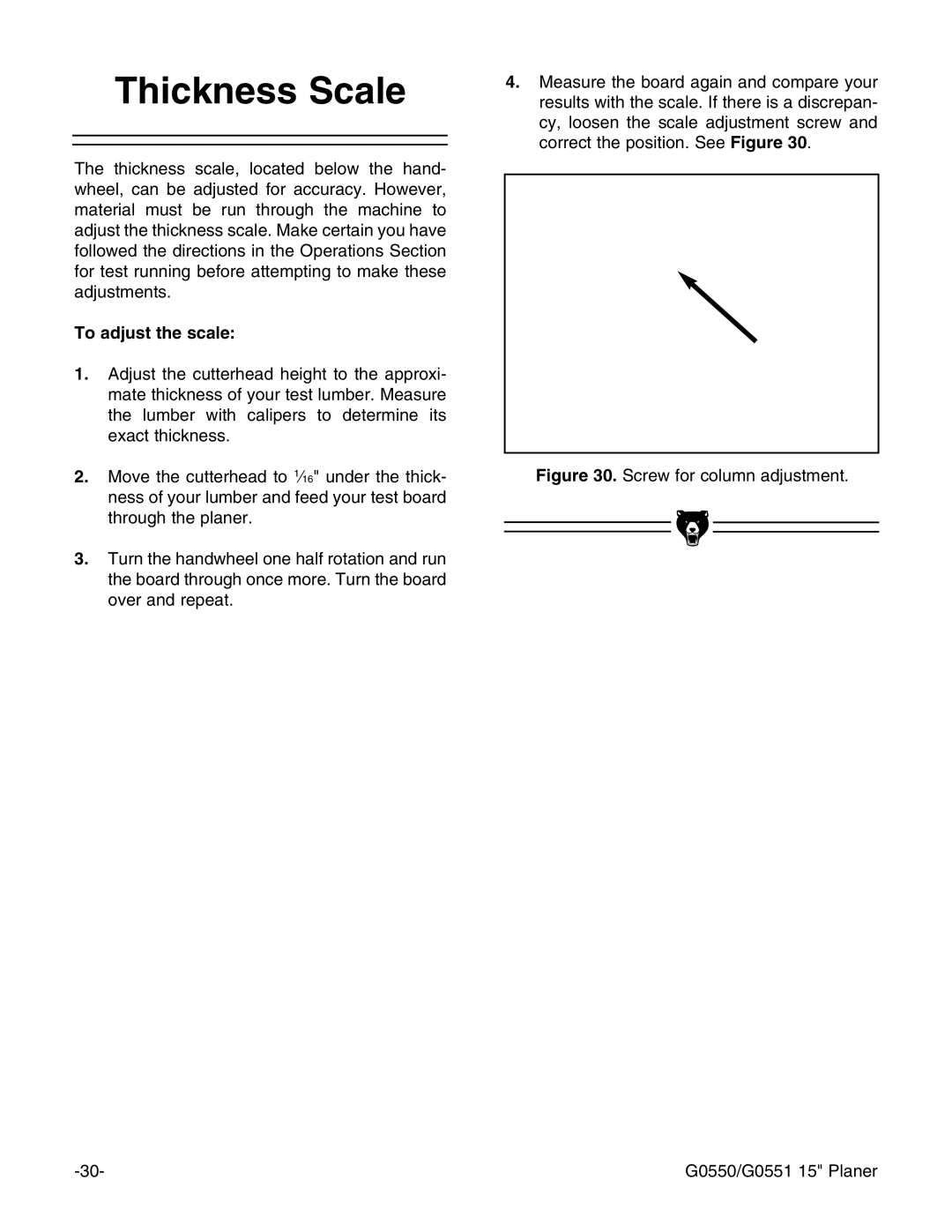 Grizzly Model G0550 instruction manual Thickness Scale, To adjust the scale 