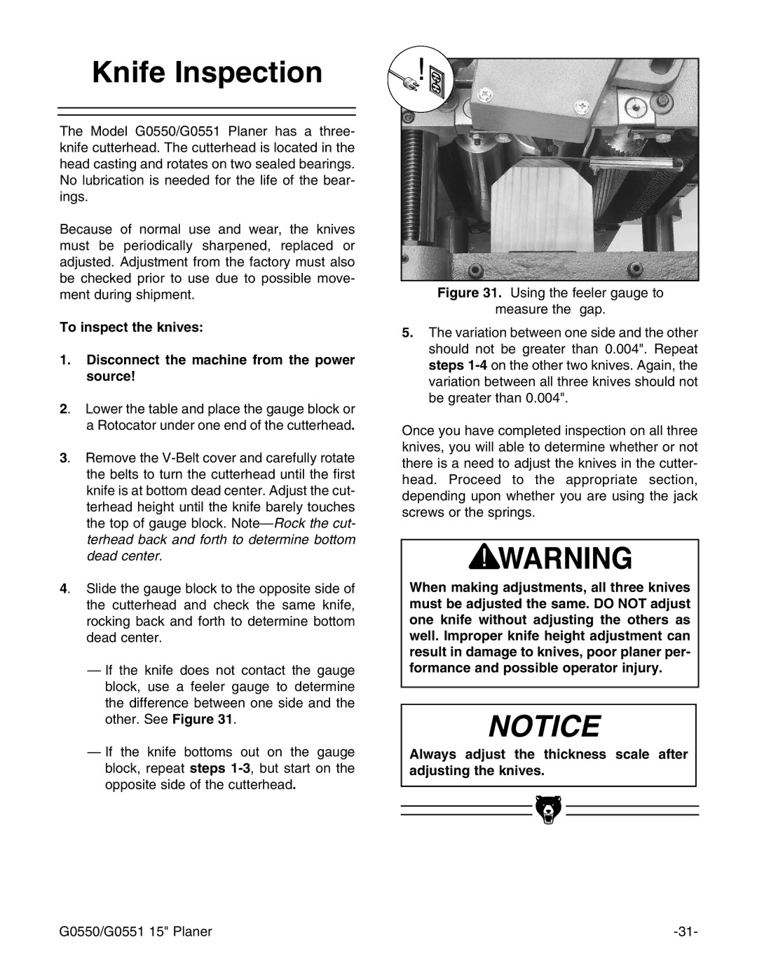 Grizzly Model G0550 instruction manual Knife Inspection 