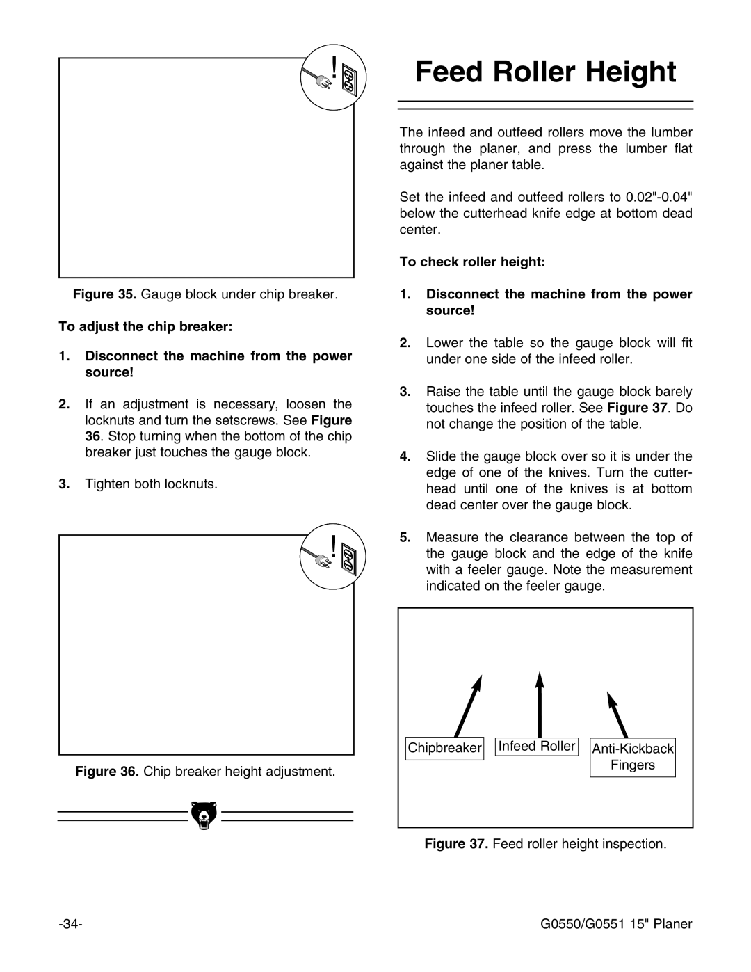 Grizzly Model G0550 instruction manual Feed Roller Height, Gauge block under chip breaker 