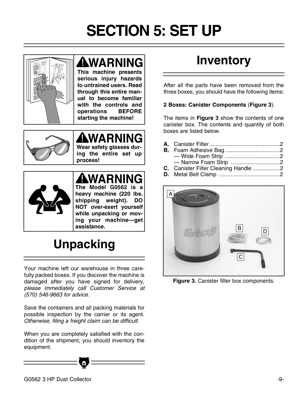 Grizzly Model G0562 instruction manual Set Up, Unpacking, Inventory, Boxes Canister Components Figure 