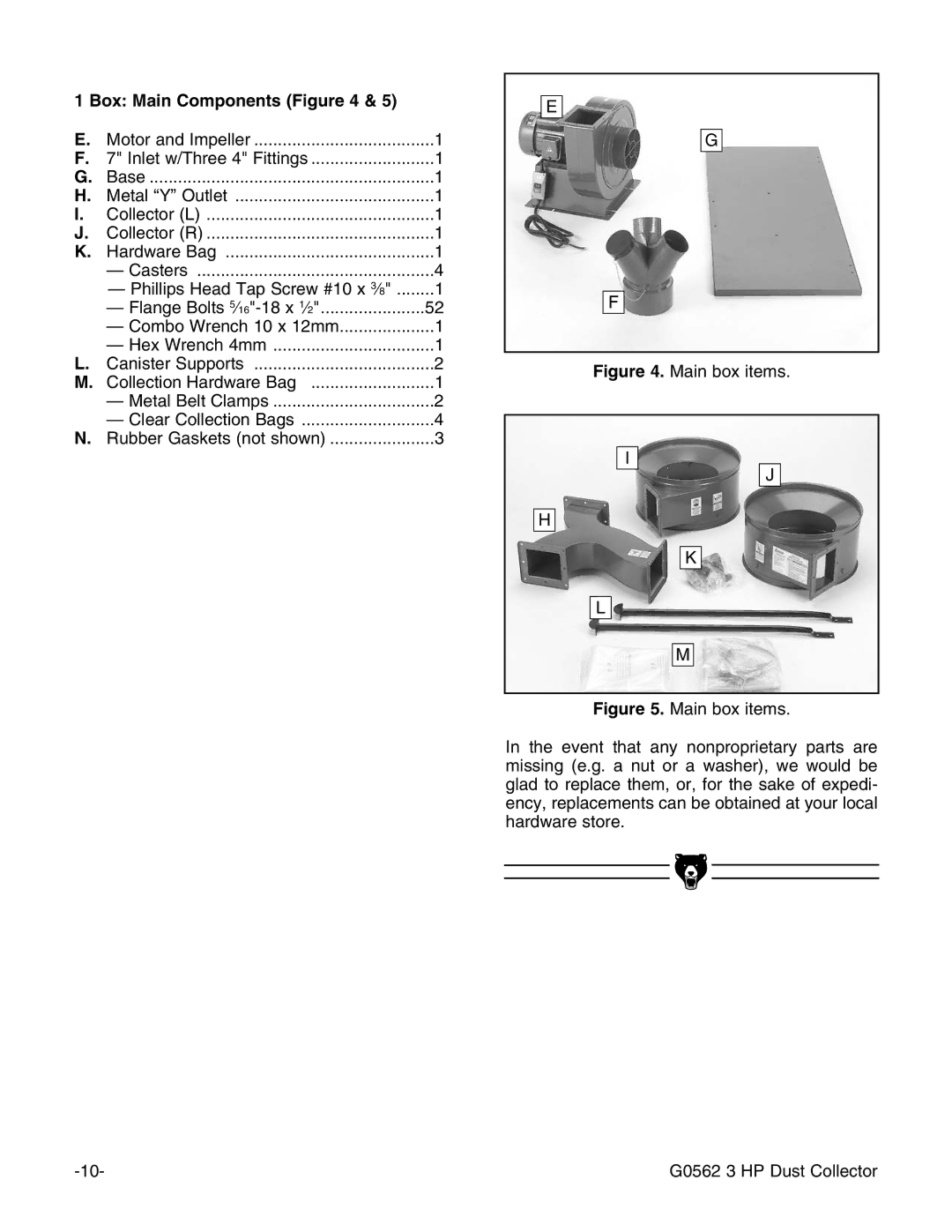 Grizzly Model G0562 instruction manual Box Main Components, Main box items 