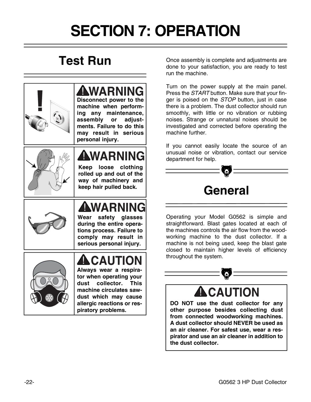 Grizzly Model G0562 instruction manual Operation, Test Run 