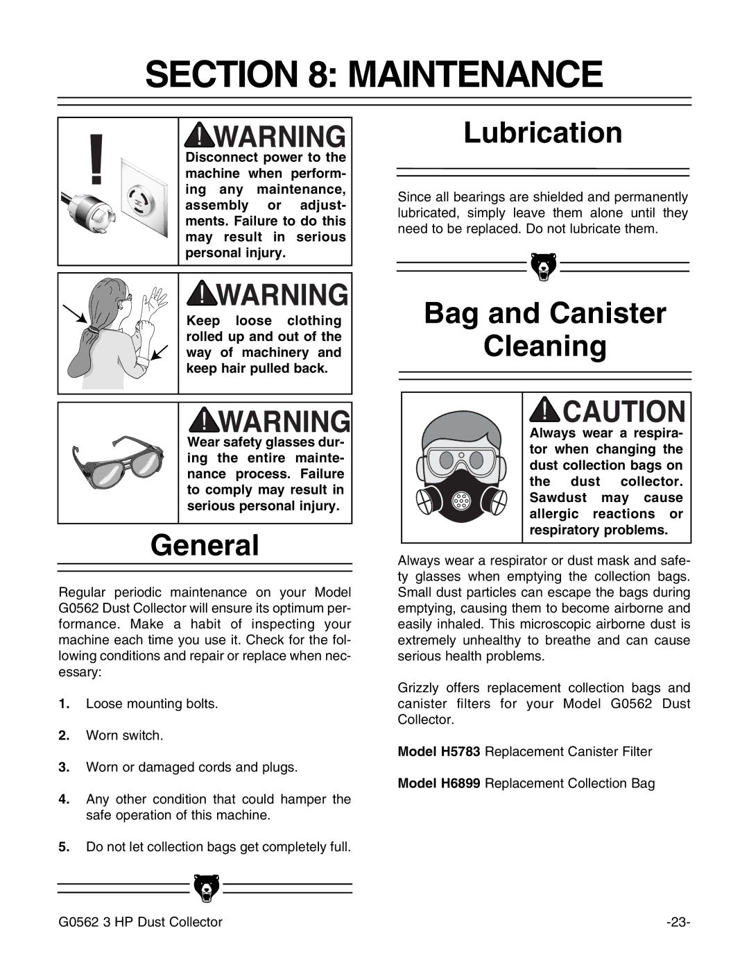 Grizzly Model G0562 instruction manual Maintenance, Lubrication, Bag and Canister Cleaning 