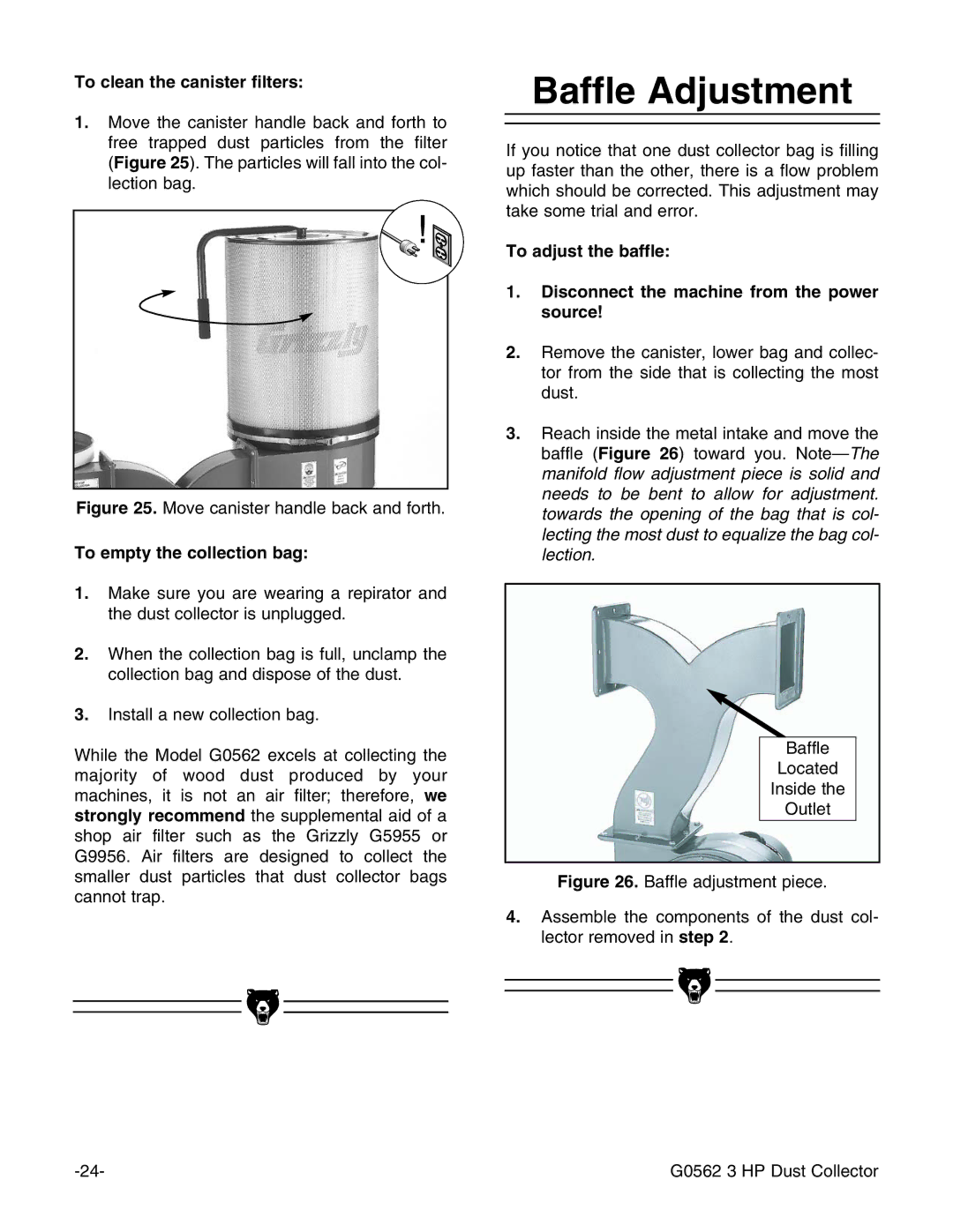 Grizzly Model G0562 instruction manual Baffle Adjustment, To clean the canister filters, To empty the collection bag 