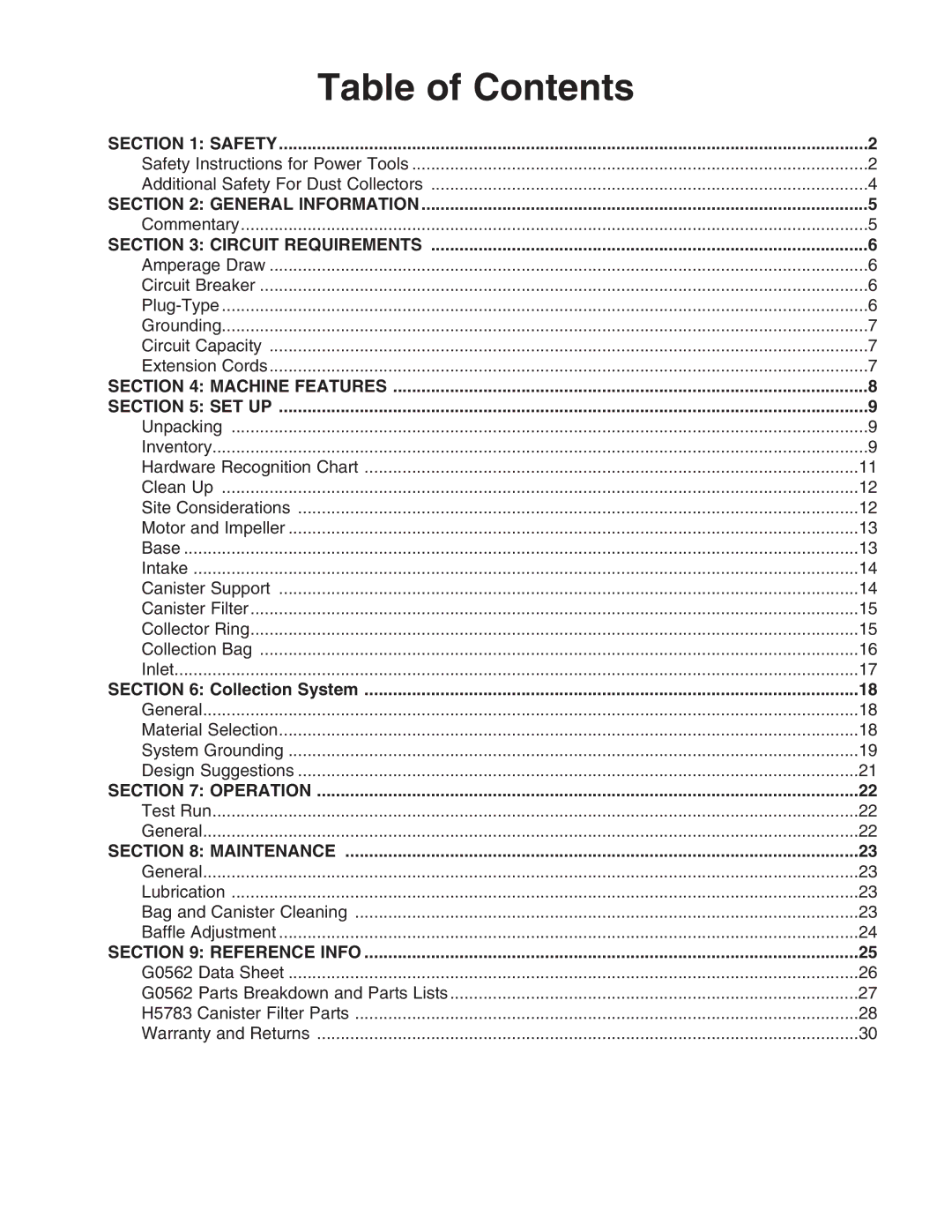 Grizzly Model G0562 instruction manual Table of Contents 