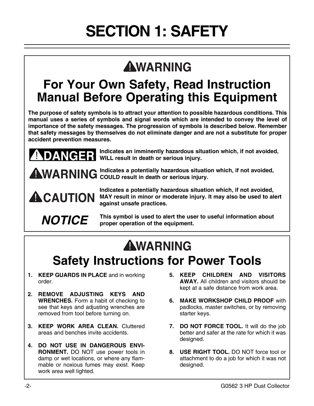 Grizzly Model G0562 instruction manual Safety Instructions for Power Tools 