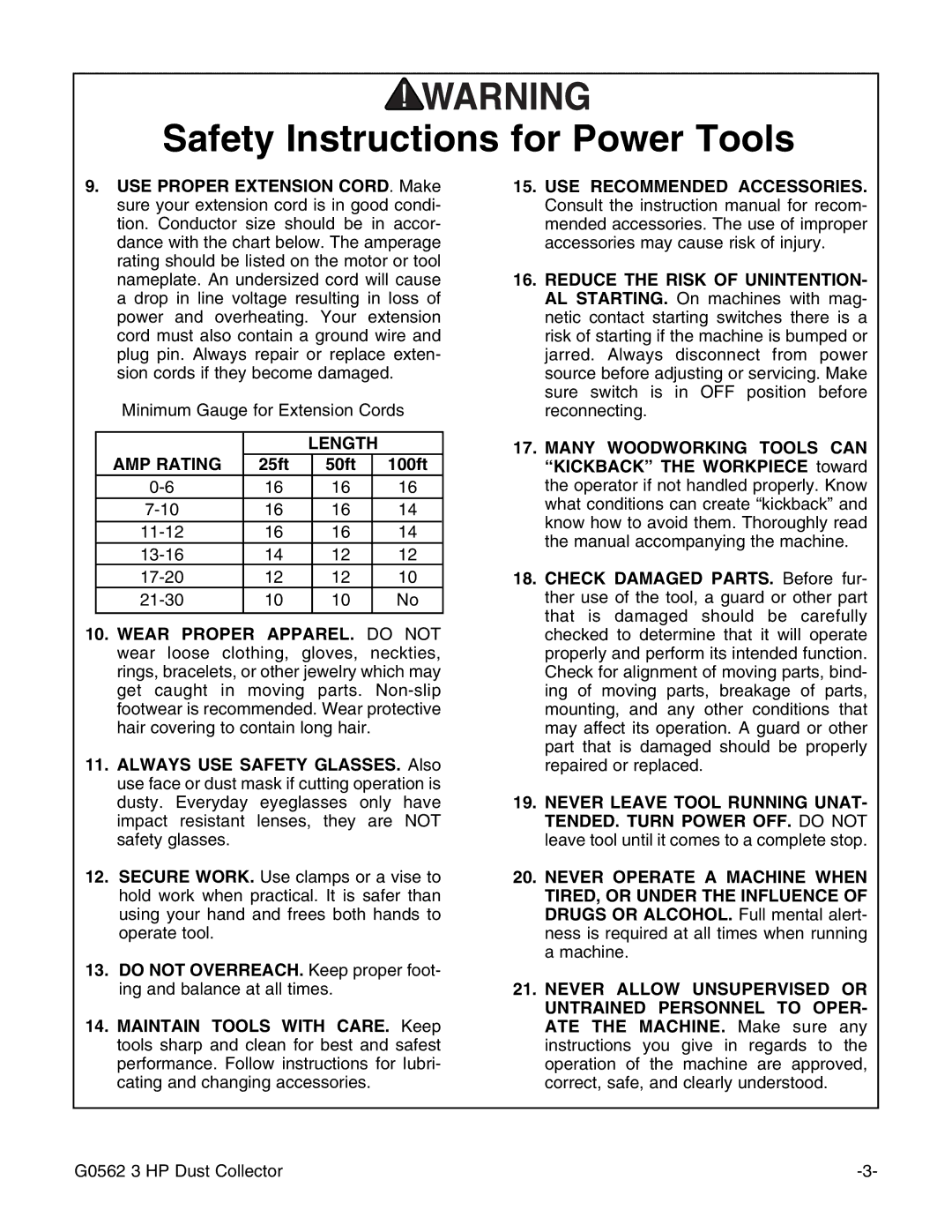 Grizzly Model G0562 instruction manual Length AMP Rating, 25ft 50ft 100ft 