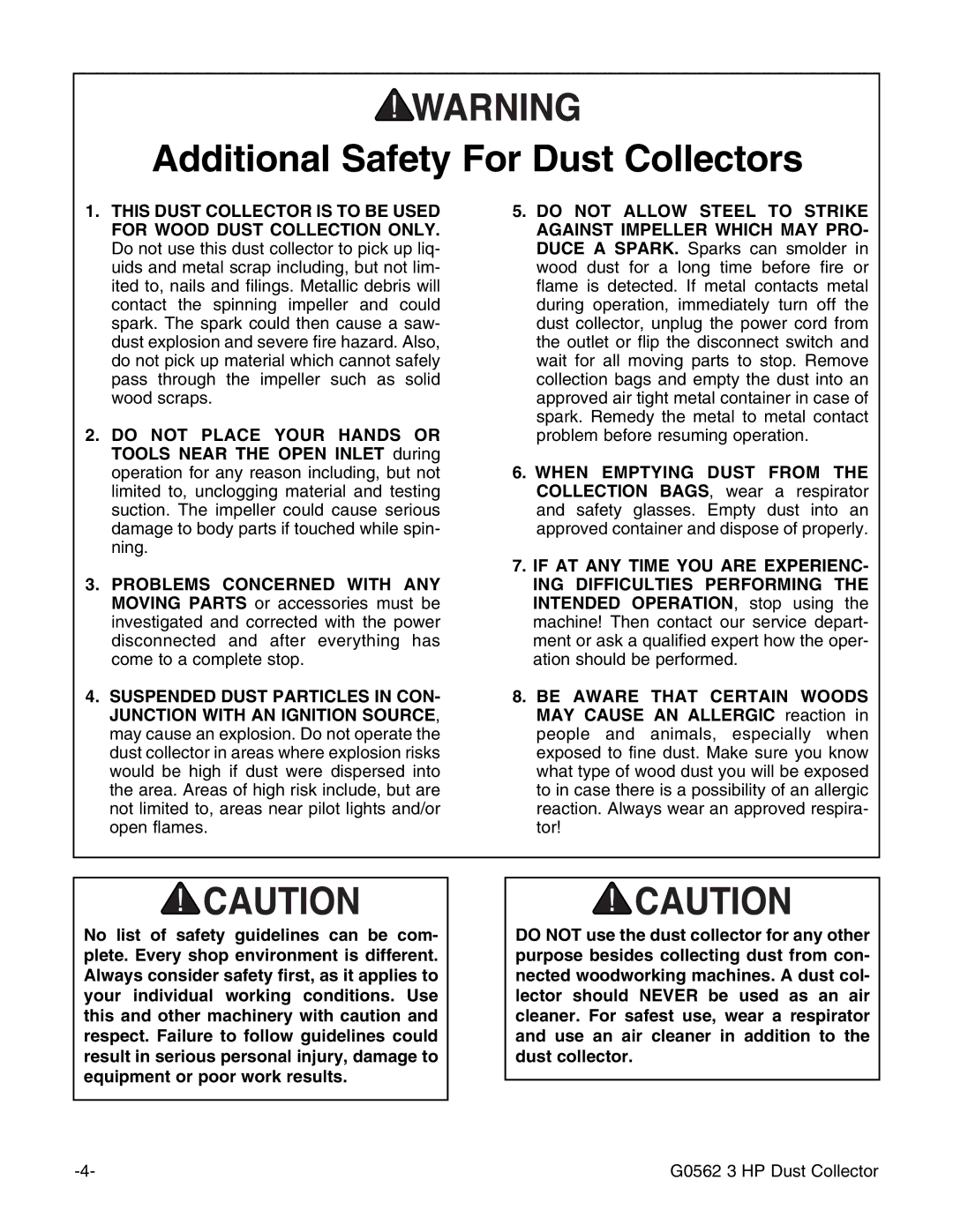 Grizzly Model G0562 instruction manual Additional Safety For Dust Collectors 