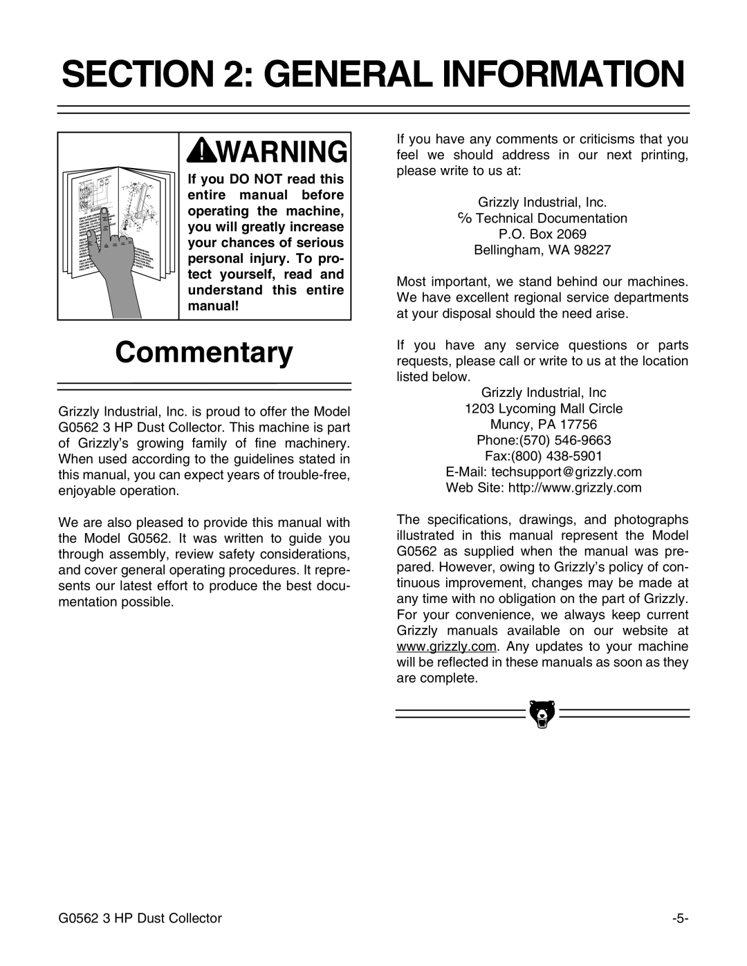 Grizzly Model G0562 instruction manual General Information, Commentary 