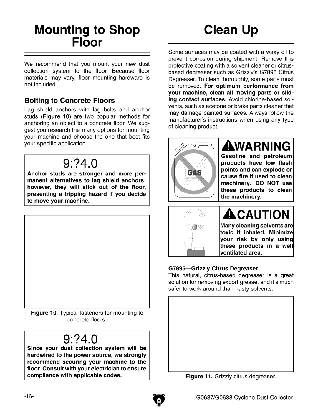 Grizzly Model G0638 owner manual Mounting to Shop Floor, Clean Up, Bolting to Concrete Floors 