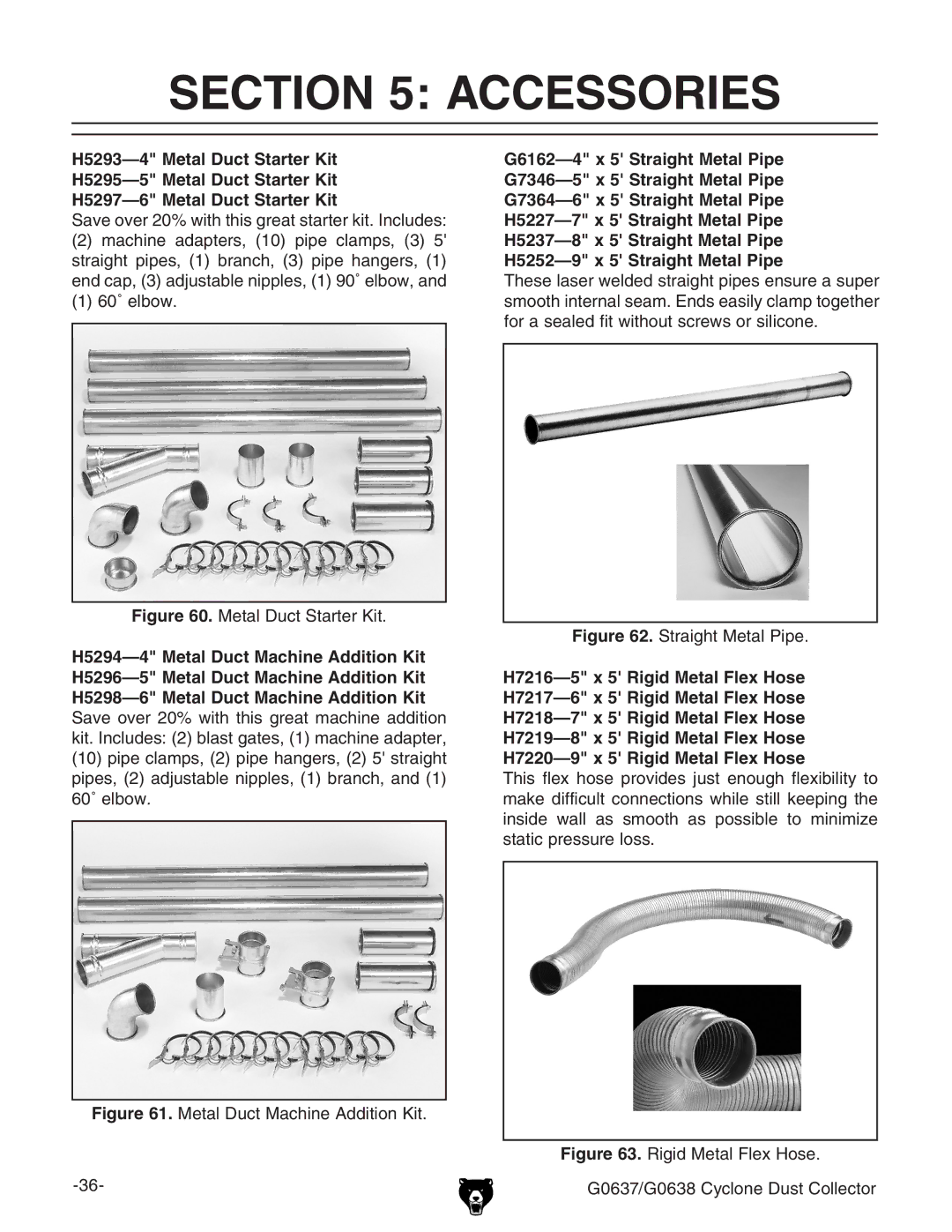 Grizzly Model G0638 owner manual Accessories, Metal Duct Starter Kit 