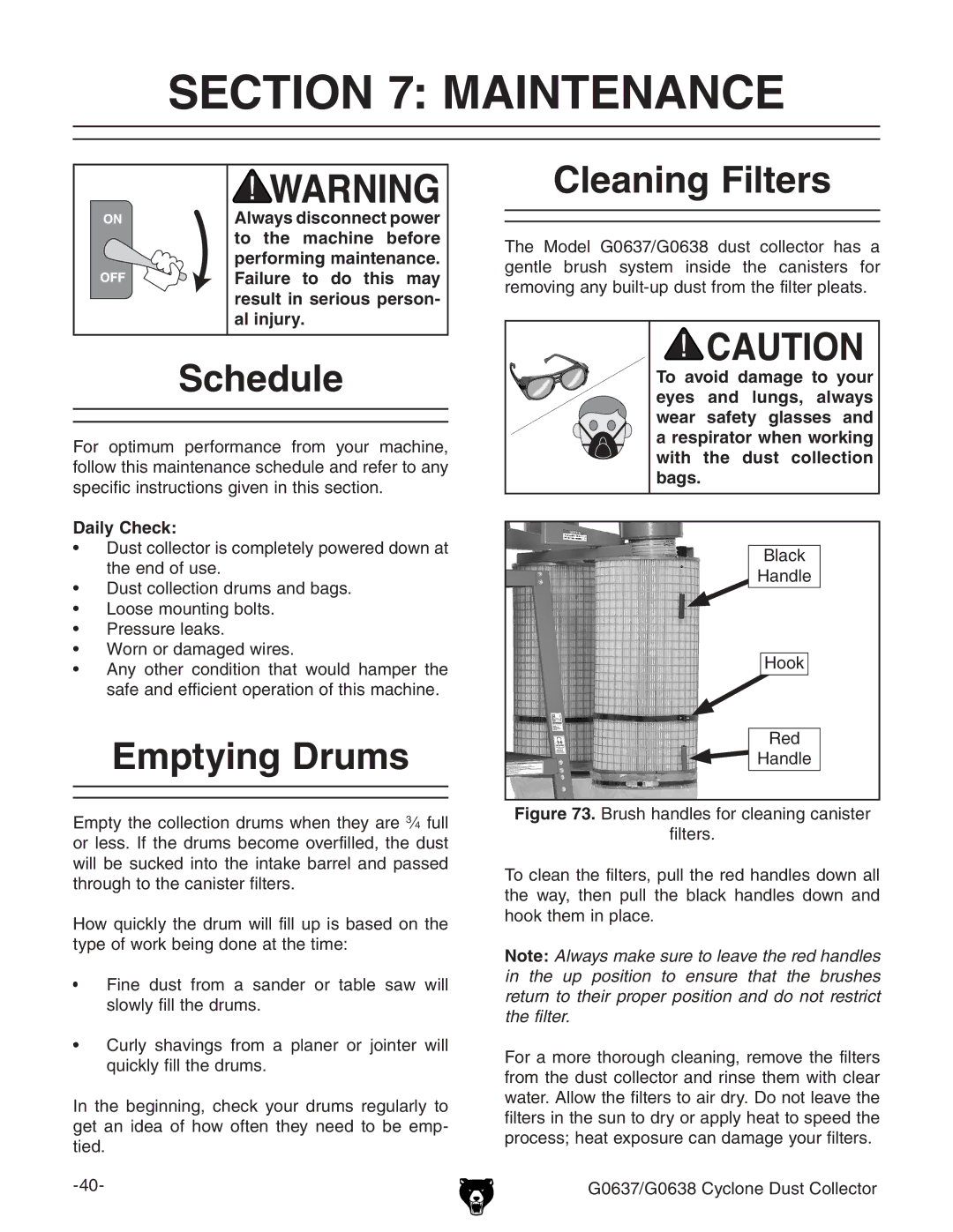 Grizzly Model G0638 owner manual Maintenance, Schedule, Emptying Drums, Cleaning Filters, Daily Check 