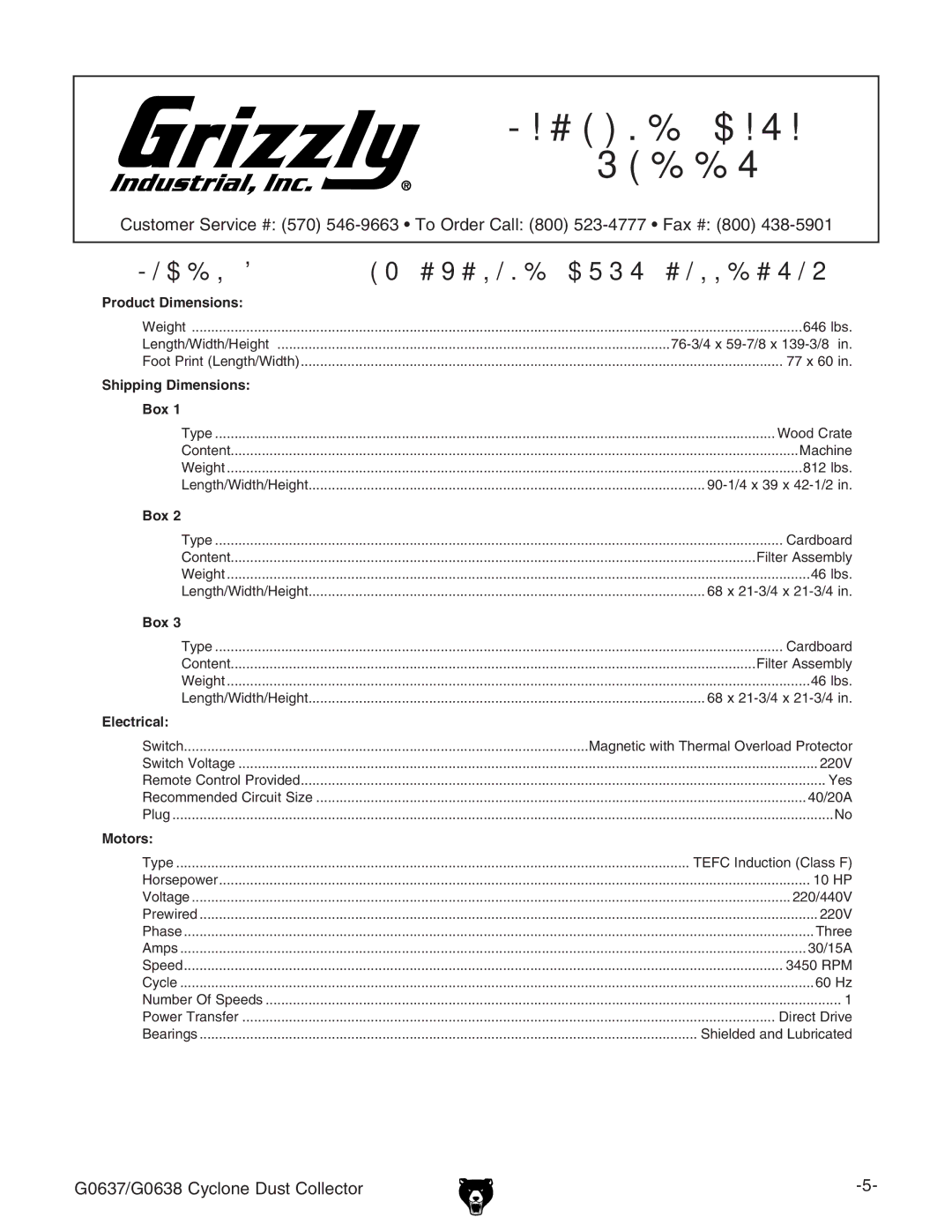 Grizzly Model G0638 owner manual G0638 Machine Data Sheet G0638 Data Sheet 