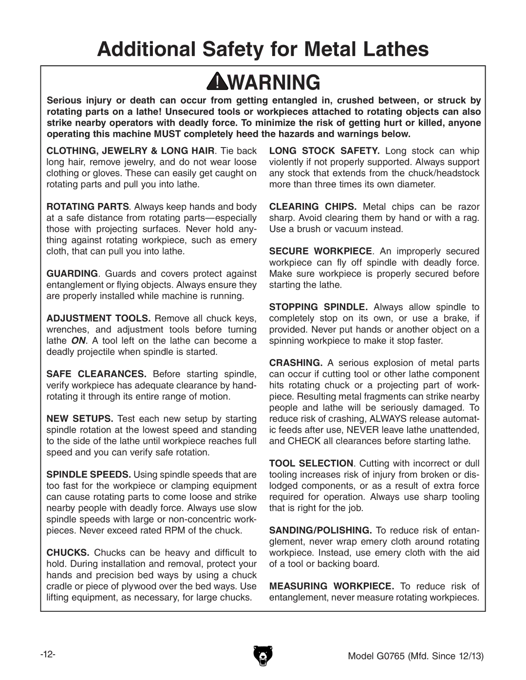 Grizzly MODEL G0765 owner manual Additional Safety for Metal Lathes 