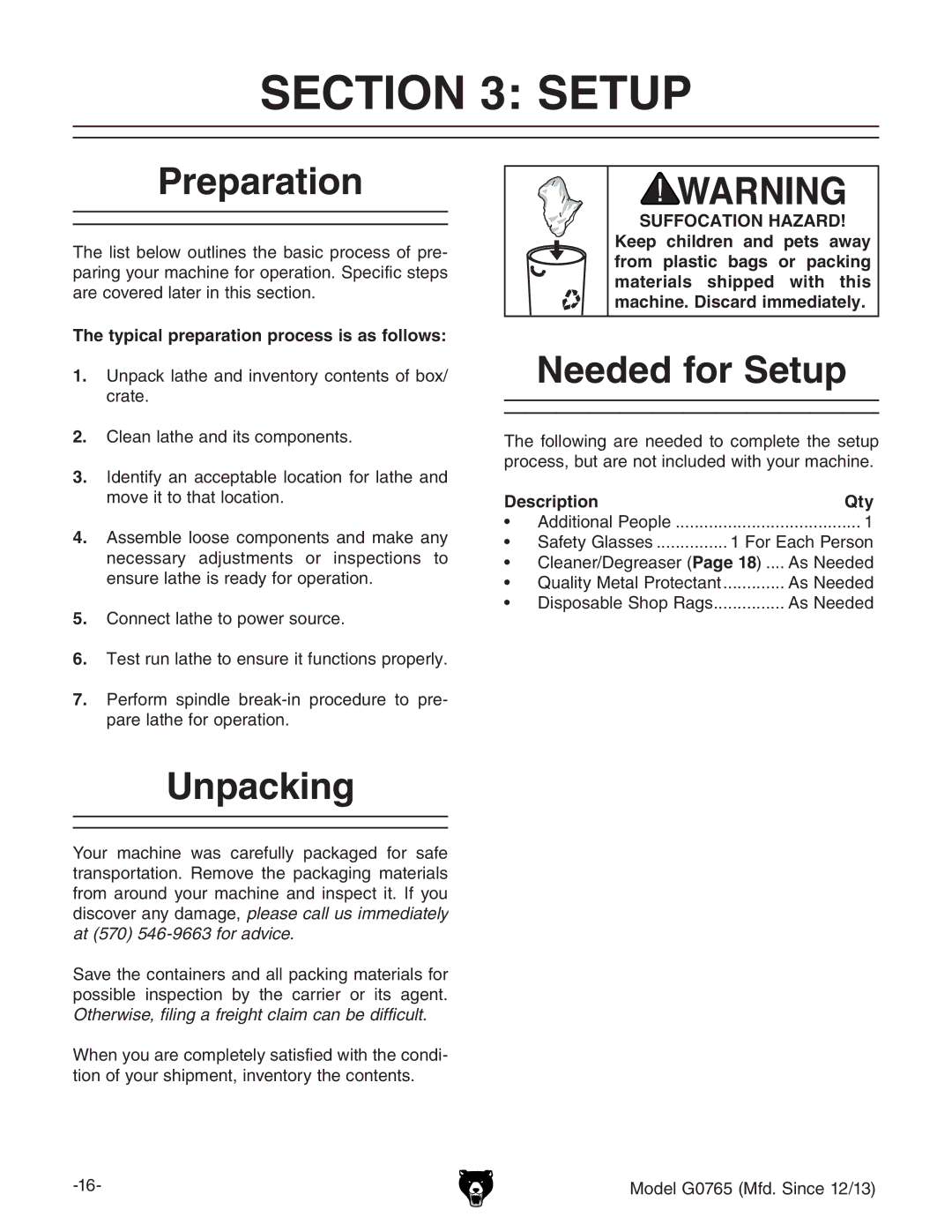 Grizzly MODEL G0765 owner manual Preparation, Unpacking, Needed for Setup 