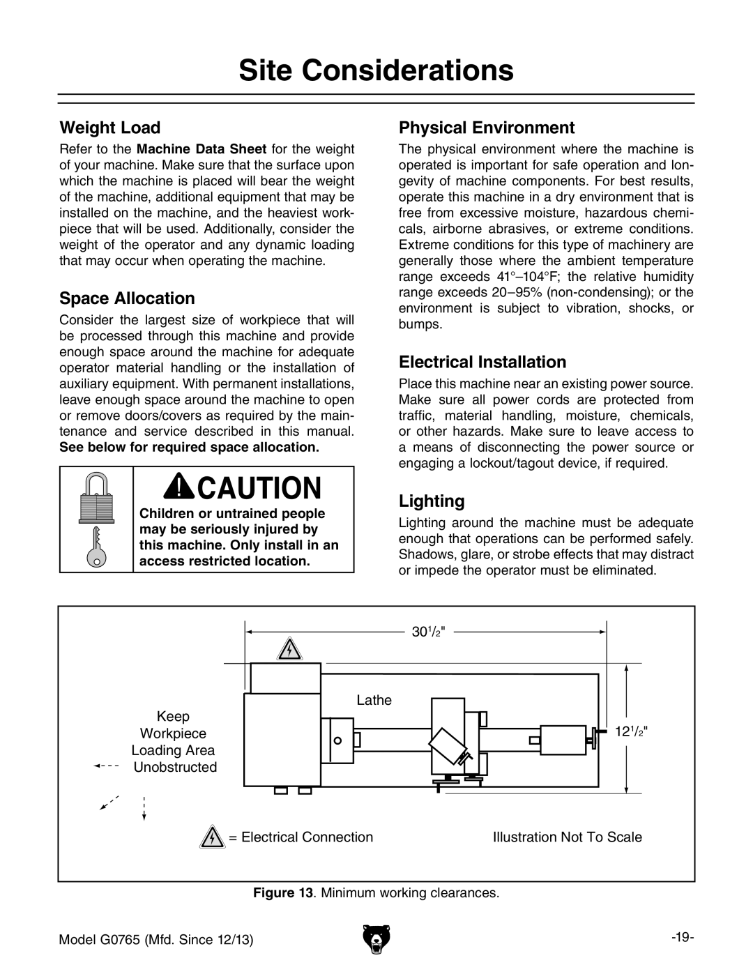 Grizzly MODEL G0765 owner manual Site Considerations 