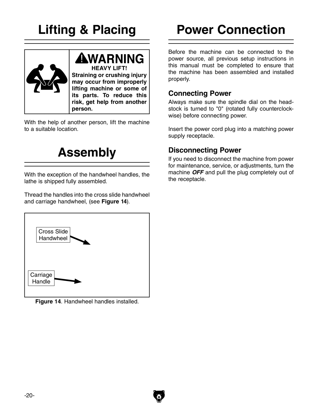 Grizzly MODEL G0765 owner manual Lifting & Placing, Assembly, Power Connection, Connecting Power, Disconnecting Power 