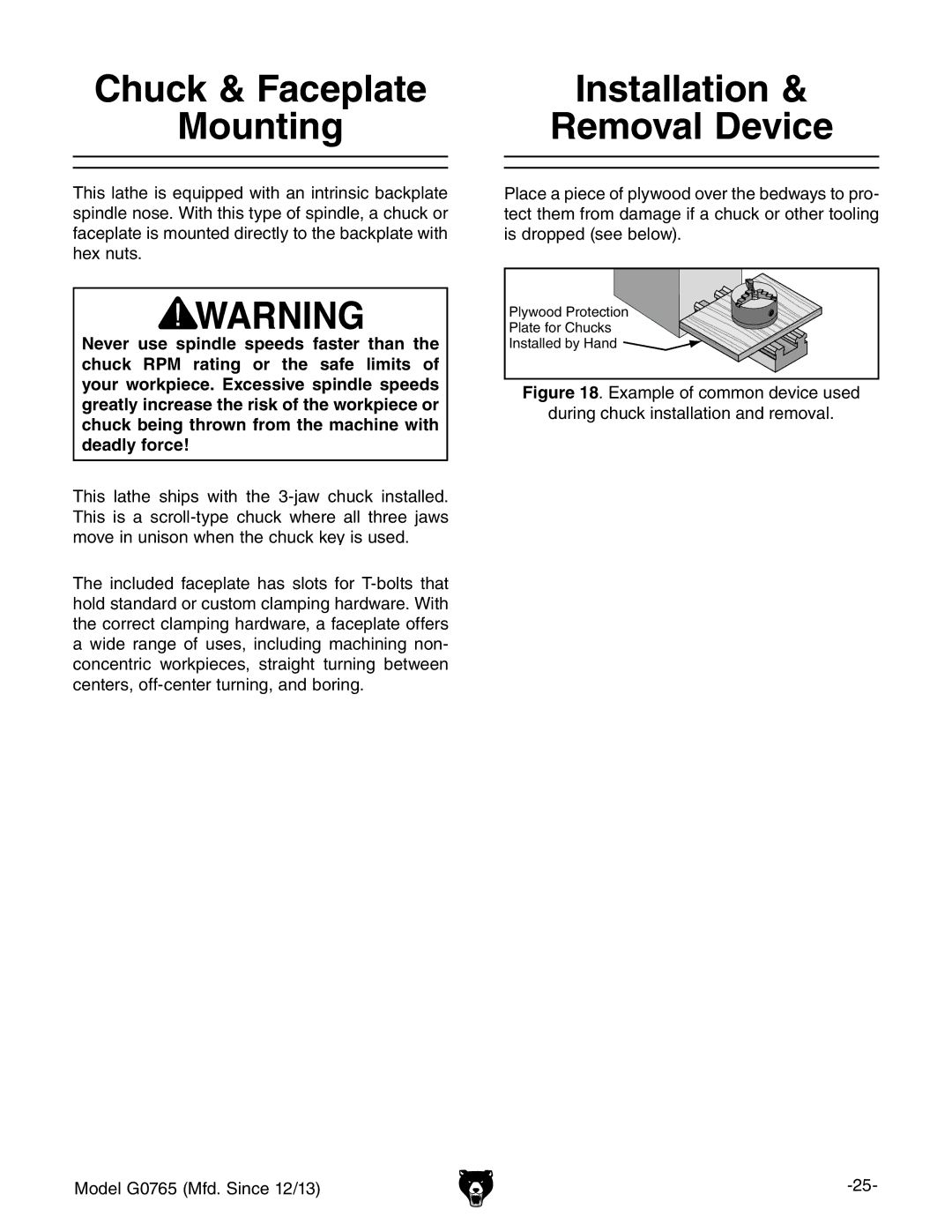 Grizzly MODEL G0765 owner manual Chuck & Faceplate Mounting, Installation Removal Device 