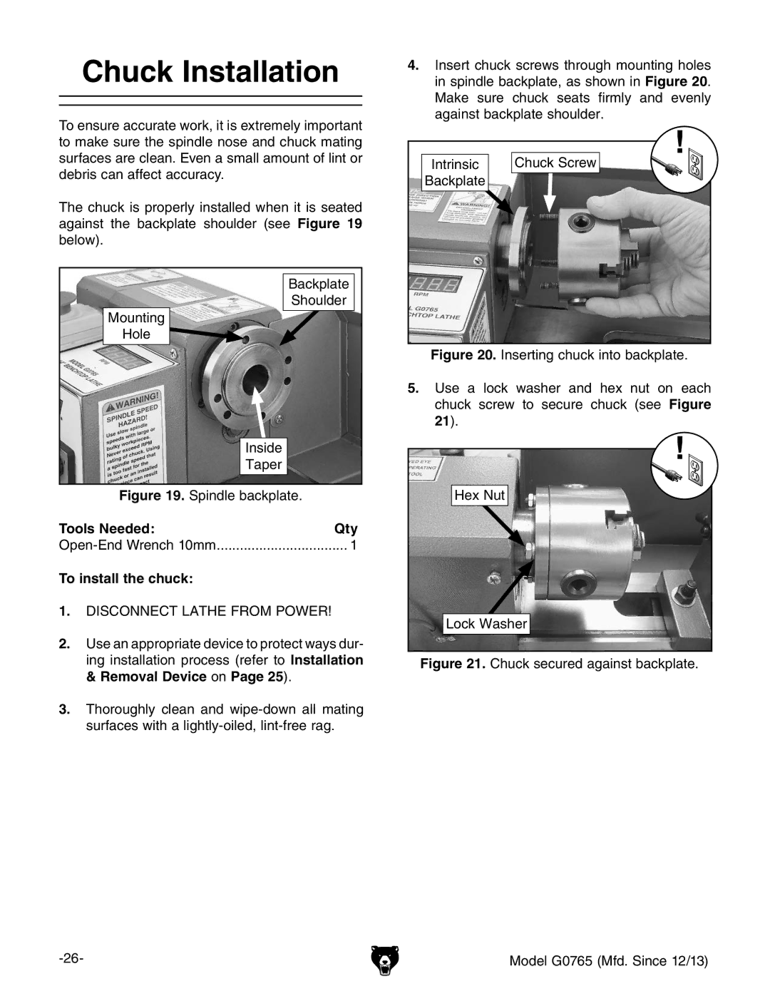 Grizzly MODEL G0765 owner manual Chuck Installation, Tools Needed Qty, To install the chuck 