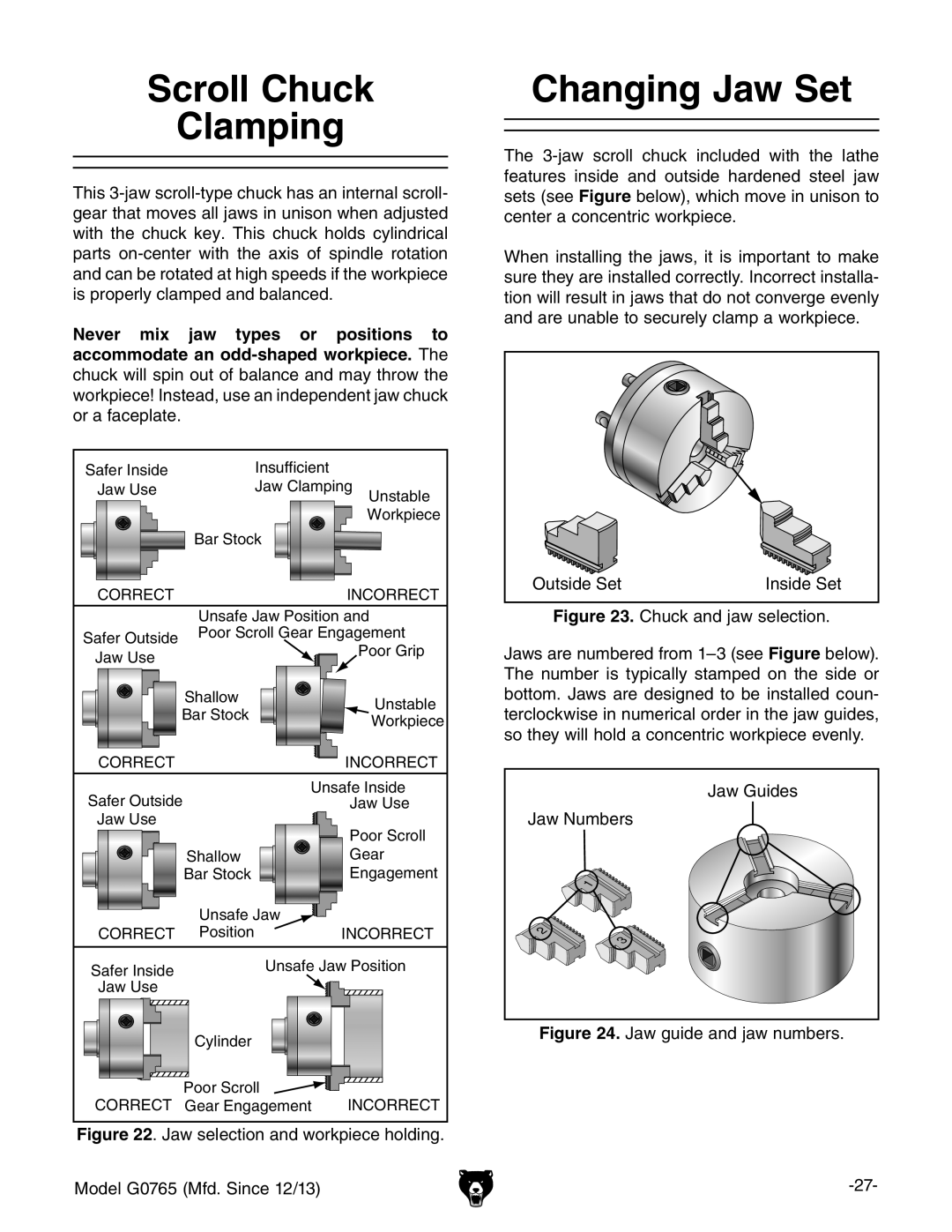 Grizzly MODEL G0765 owner manual Scroll Chuck Clamping, Changing Jaw Set 