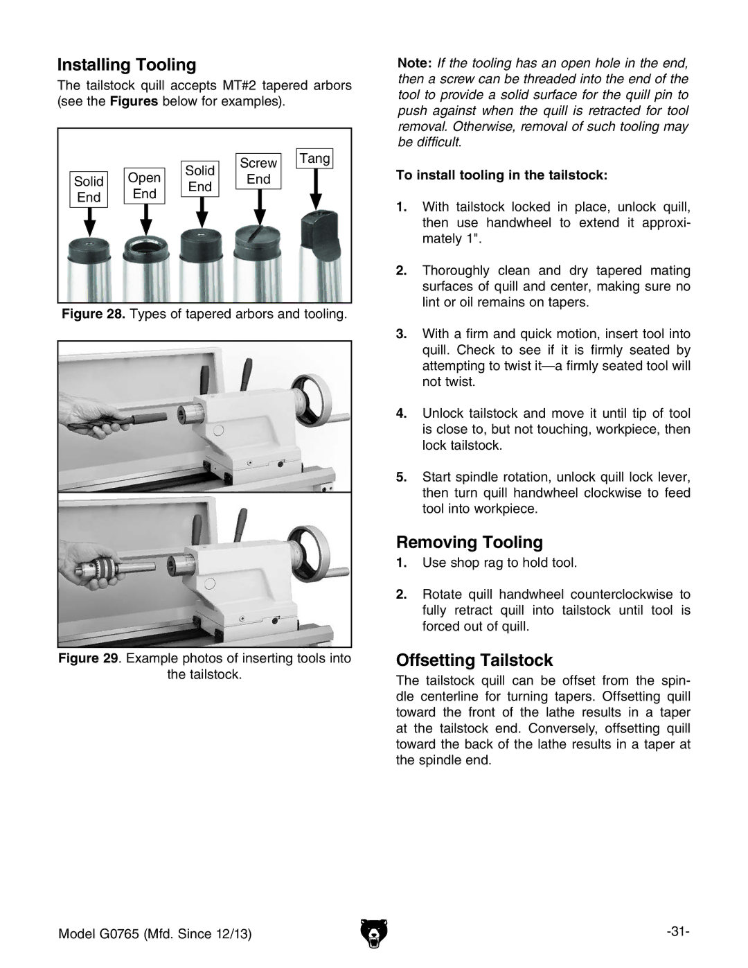 Grizzly MODEL G0765 Installing Tooling, Removing Tooling, Offsetting Tailstock, To install tooling in the tailstock 